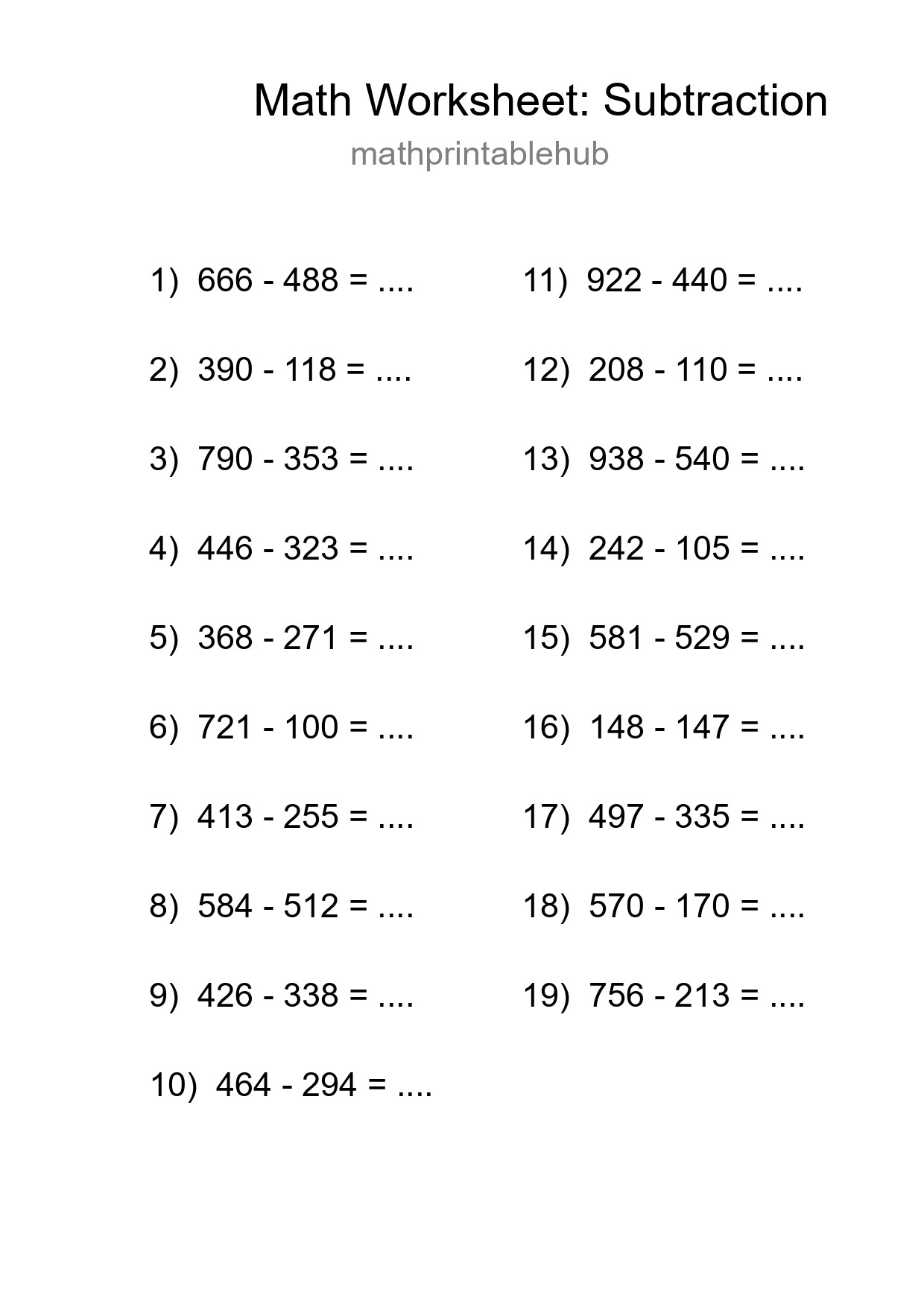 Printable Subtraction Worksheet for Grade 5