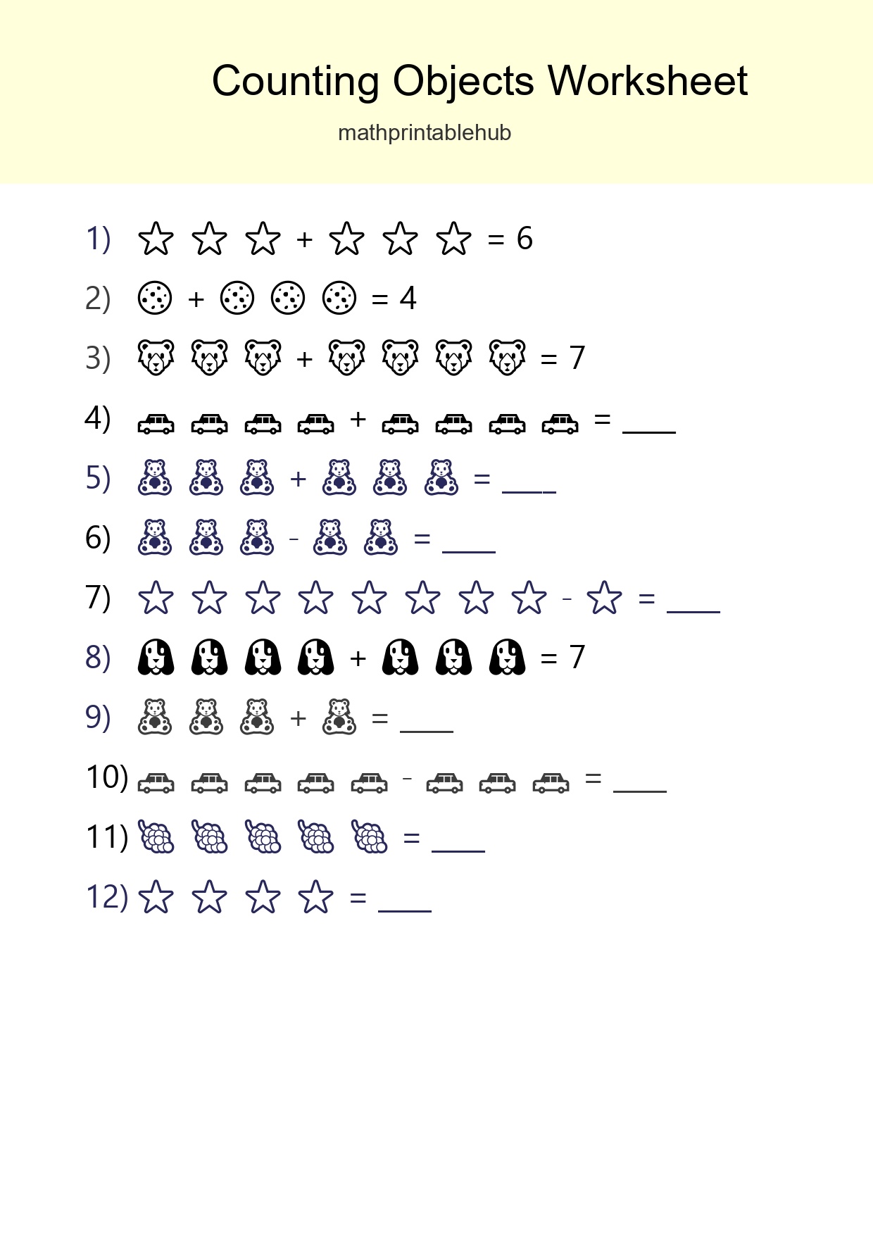 Printable Counting Objects Worksheet for Kindergarten