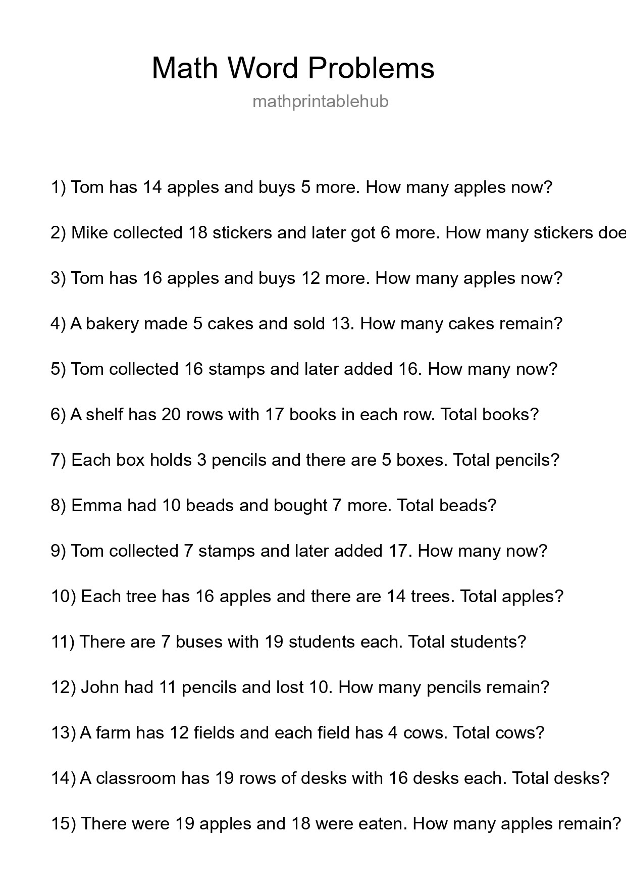 Printable Word Problem Worksheet for Grade 3