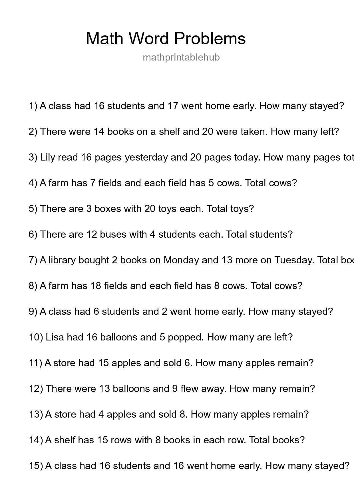 Printable Word Problem Worksheet for Grade 3