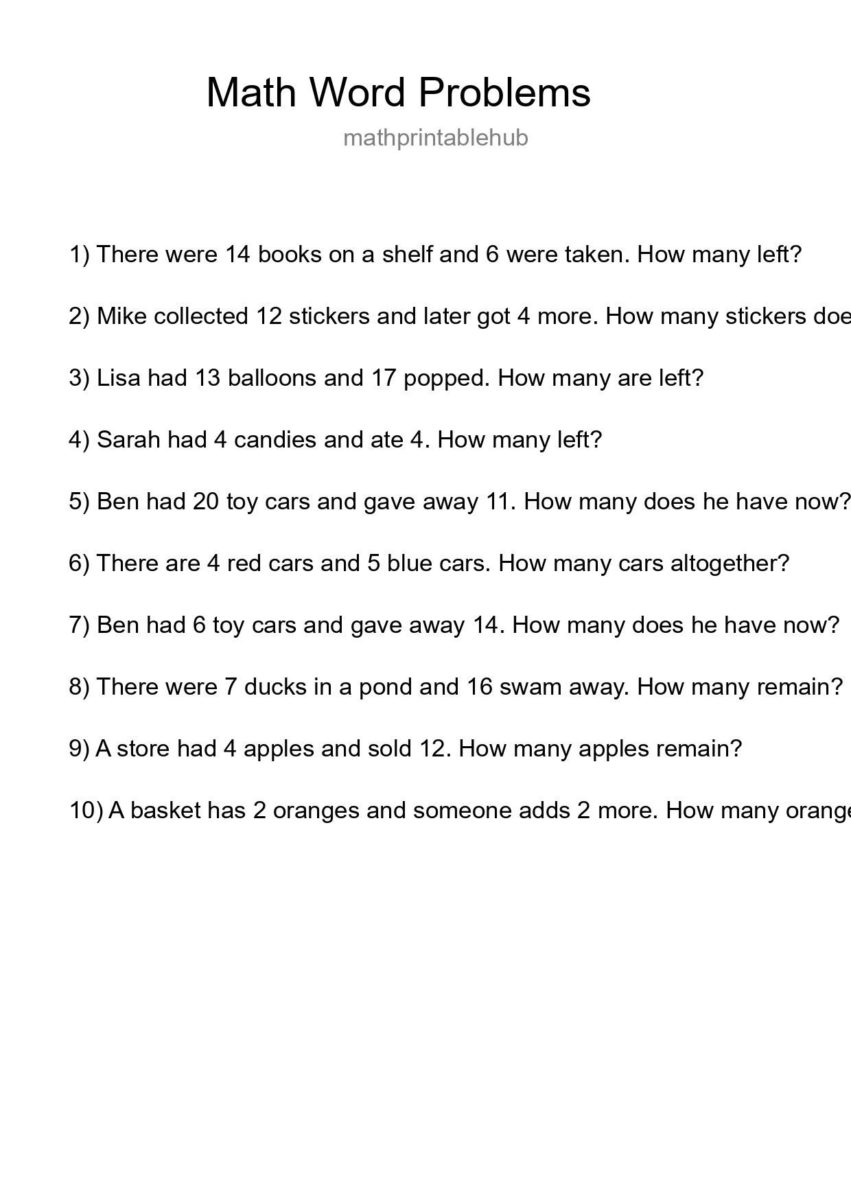 Printable Word Problem Worksheet for Grade 3