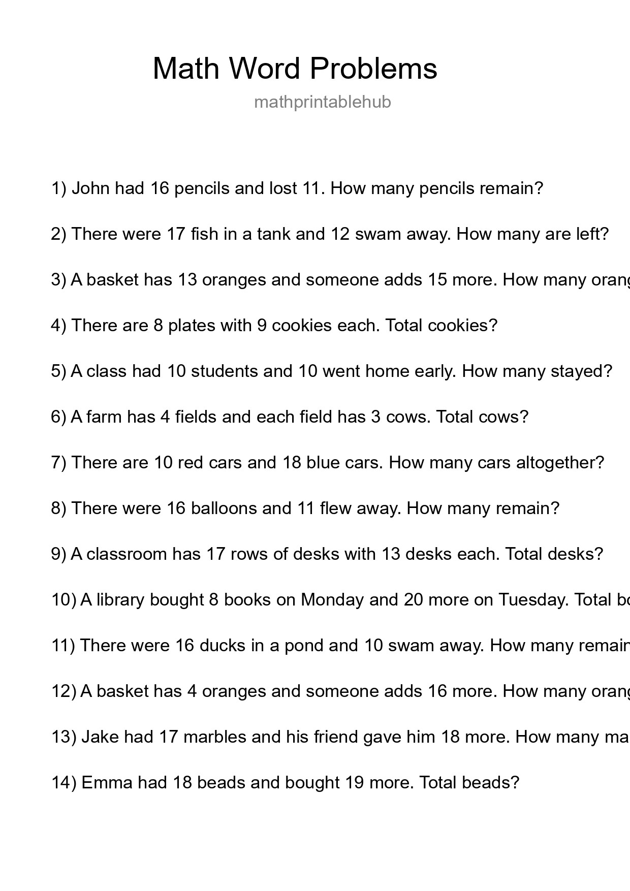 Printable Word Problem Worksheet for Grade 3