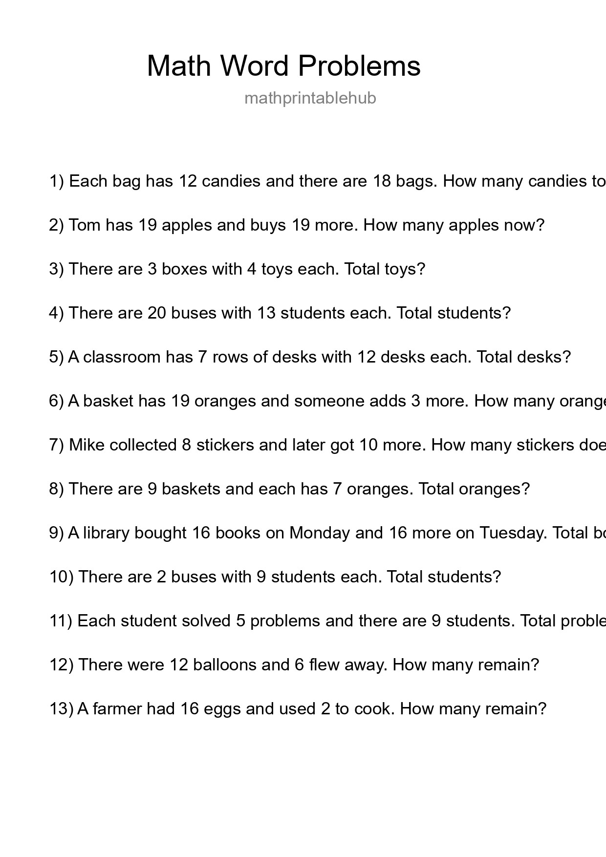 Printable Word Problem Worksheet for Grade 3