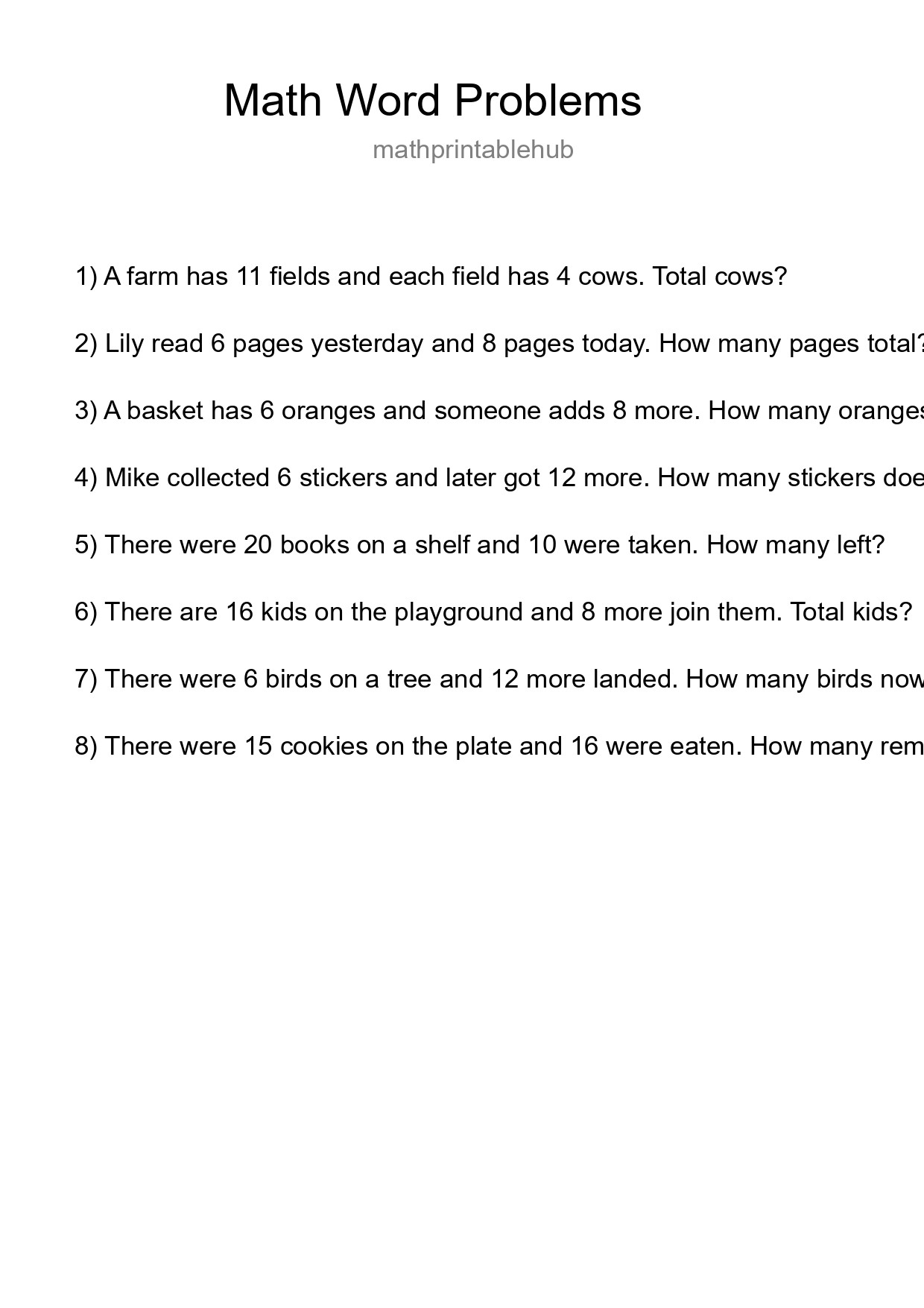 Printable Word Problem Worksheet for Grade 3