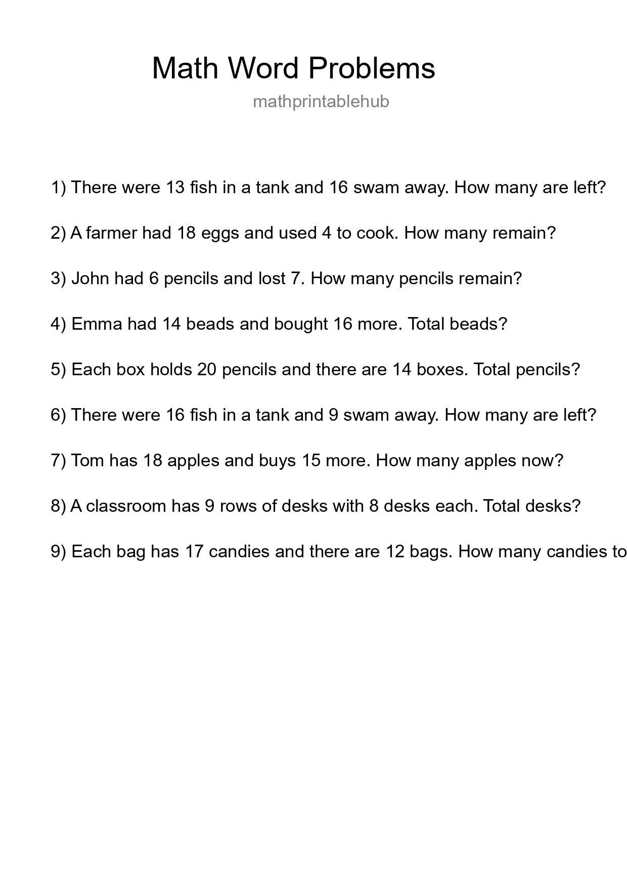 Printable Word Problem Worksheet for Grade 3