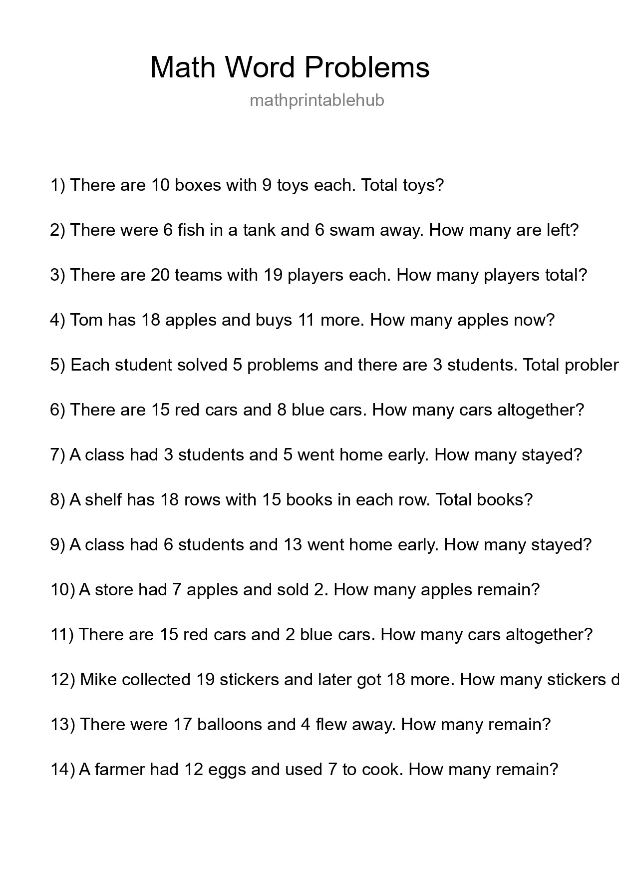 Printable Word Problem Worksheet for Grade 3