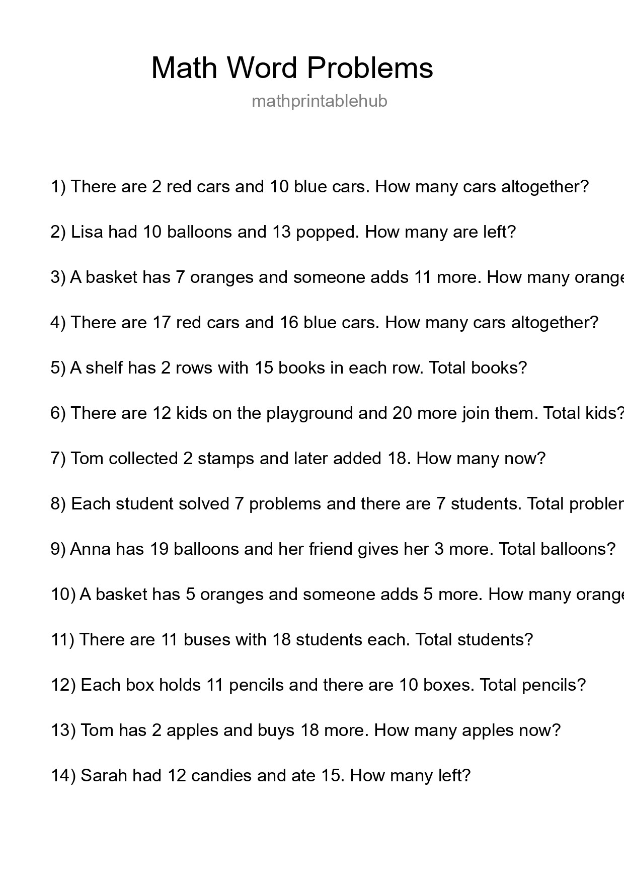 Math Word Problem Worksheet