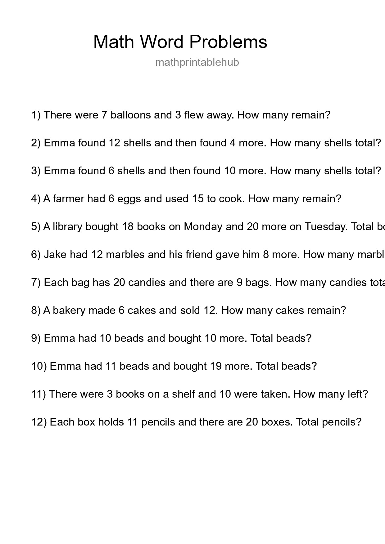 Printable Word Problem Worksheet for Grade 3