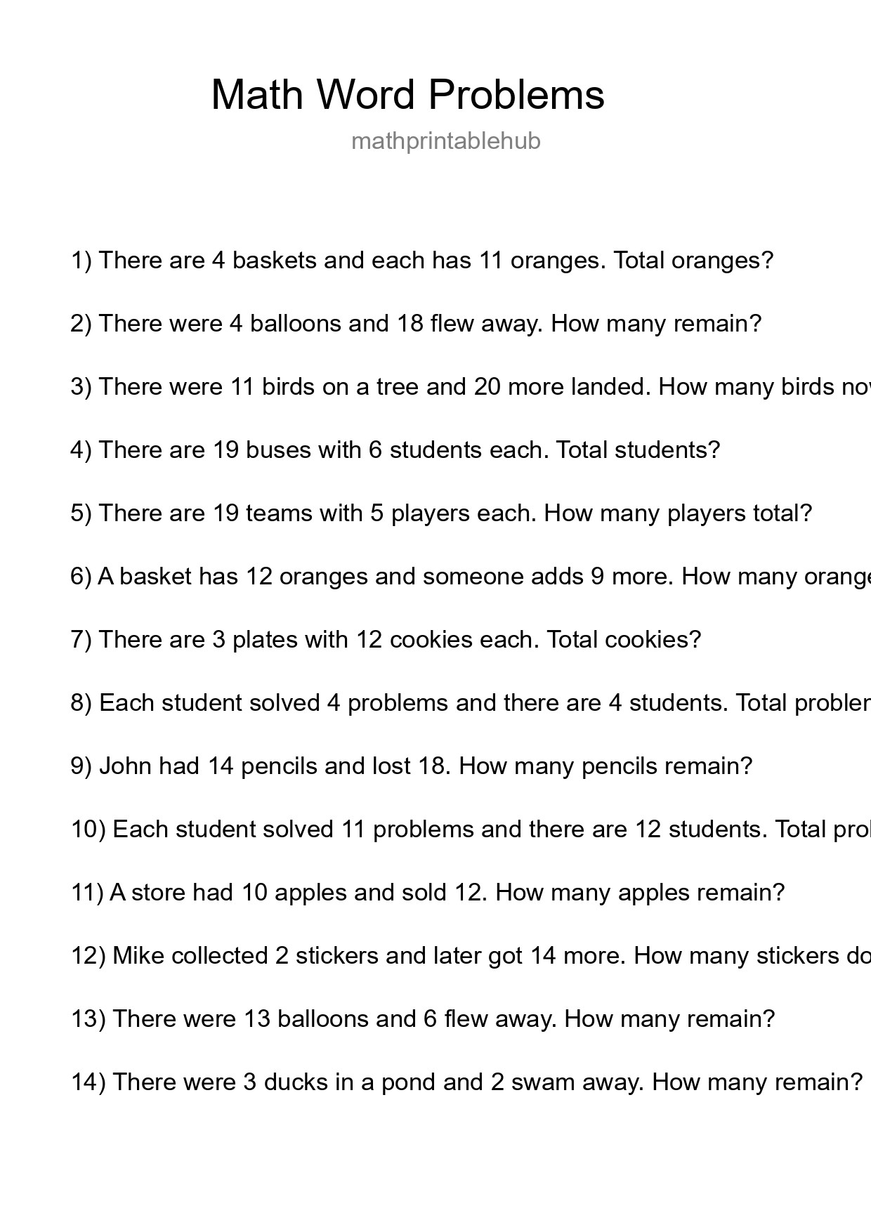 Printable Word Problem Worksheet for Grade 3