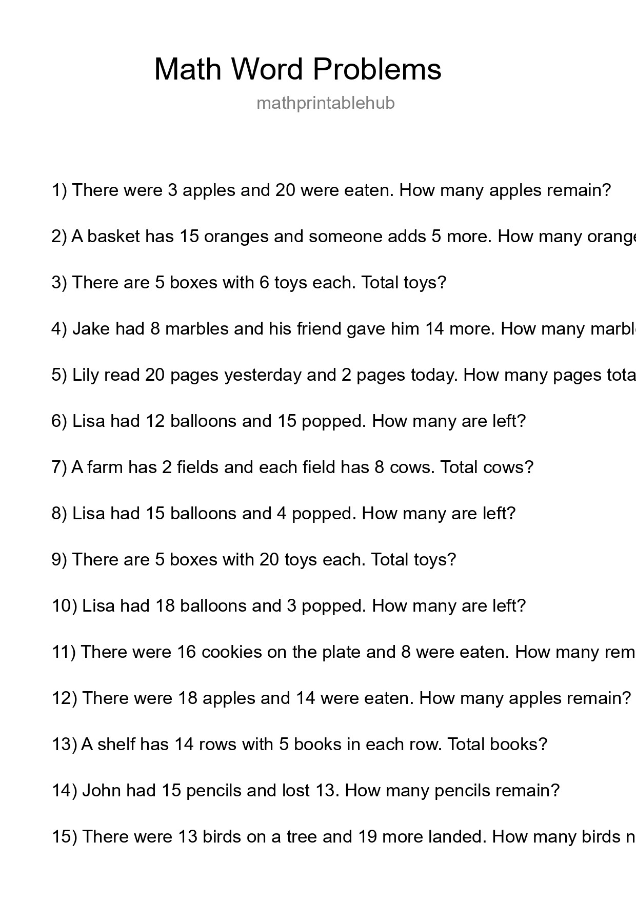 Printable Word Problem Worksheet for Grade 3