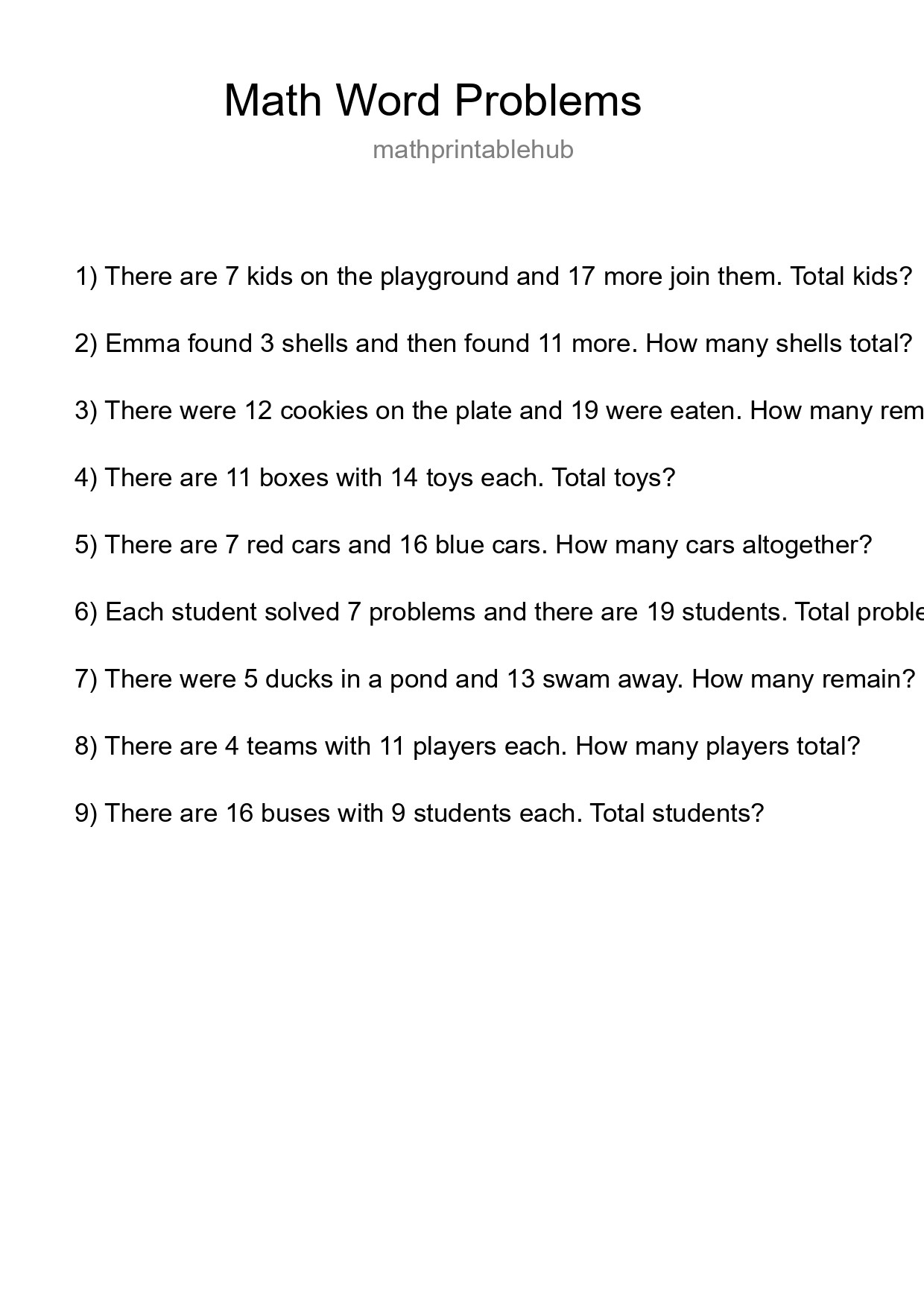 Math Word Problem Worksheet