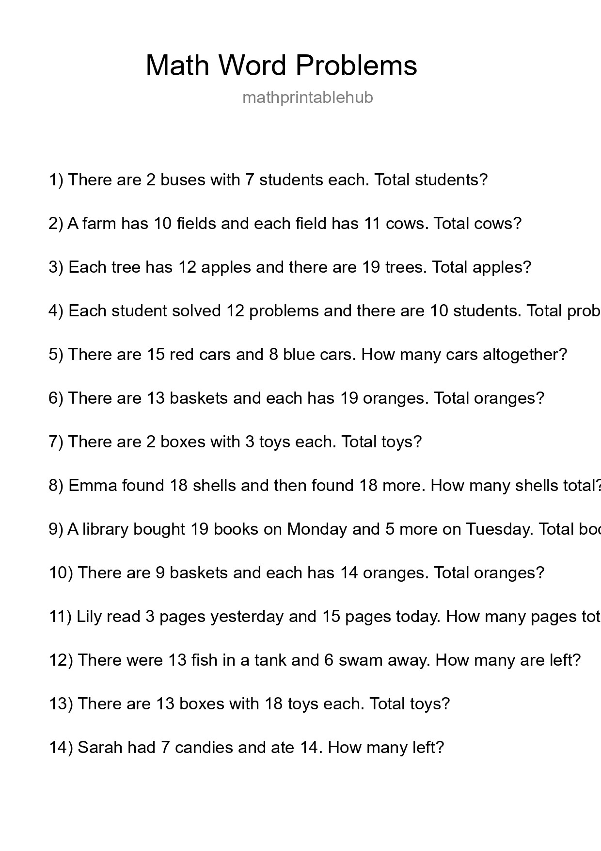 Printable Word Problem Worksheet for Grade 3