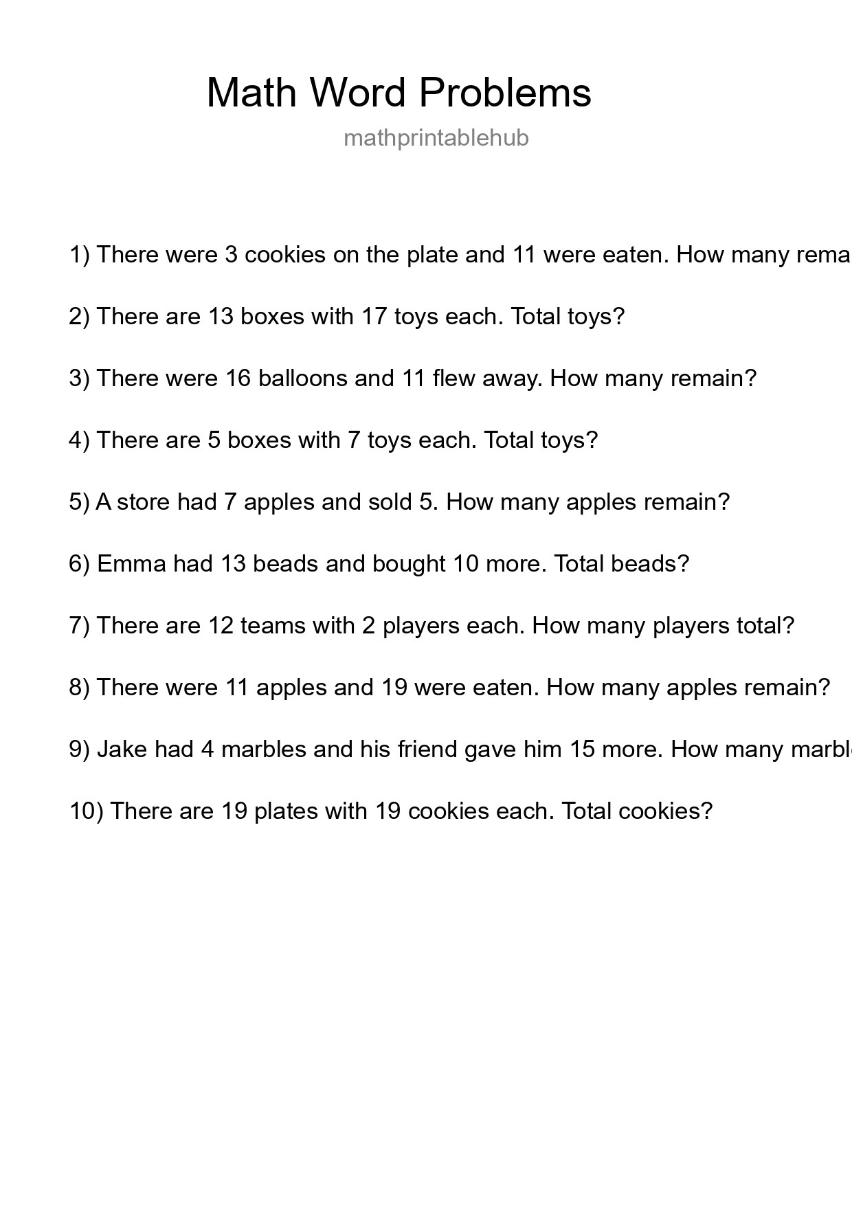 Printable Word Problem Worksheet for Grade 3