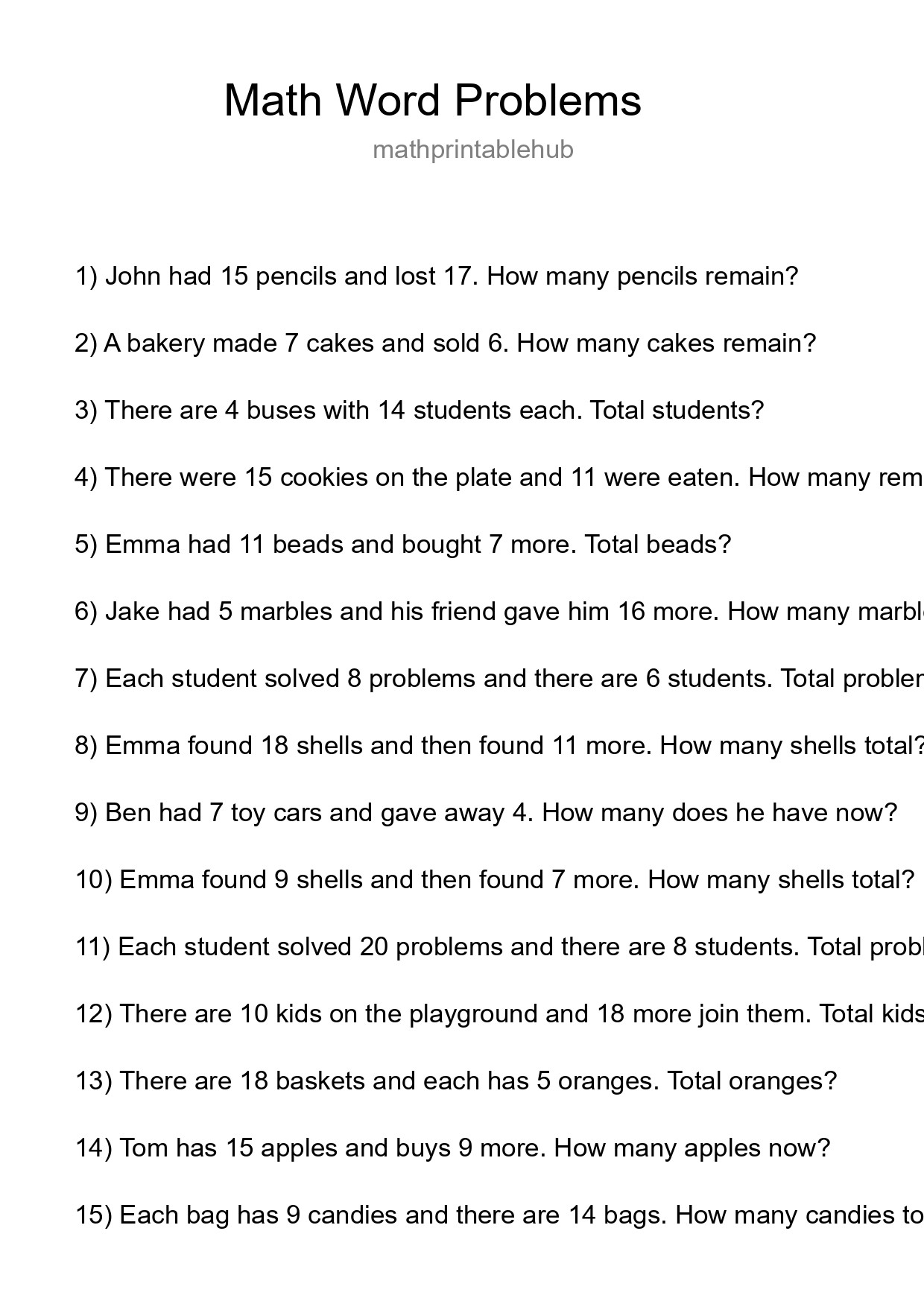 Printable Word Problem Worksheet for Grade 3