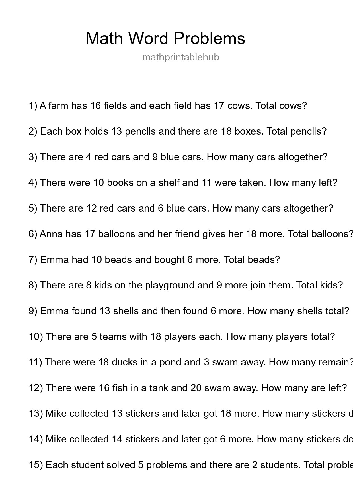 Printable Word Problem Worksheet for Grade 3