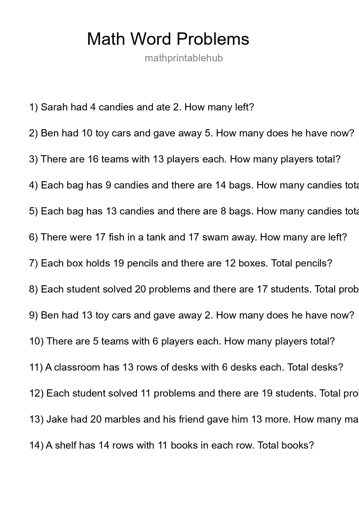 Printable Word Problem Worksheet for Grade 3