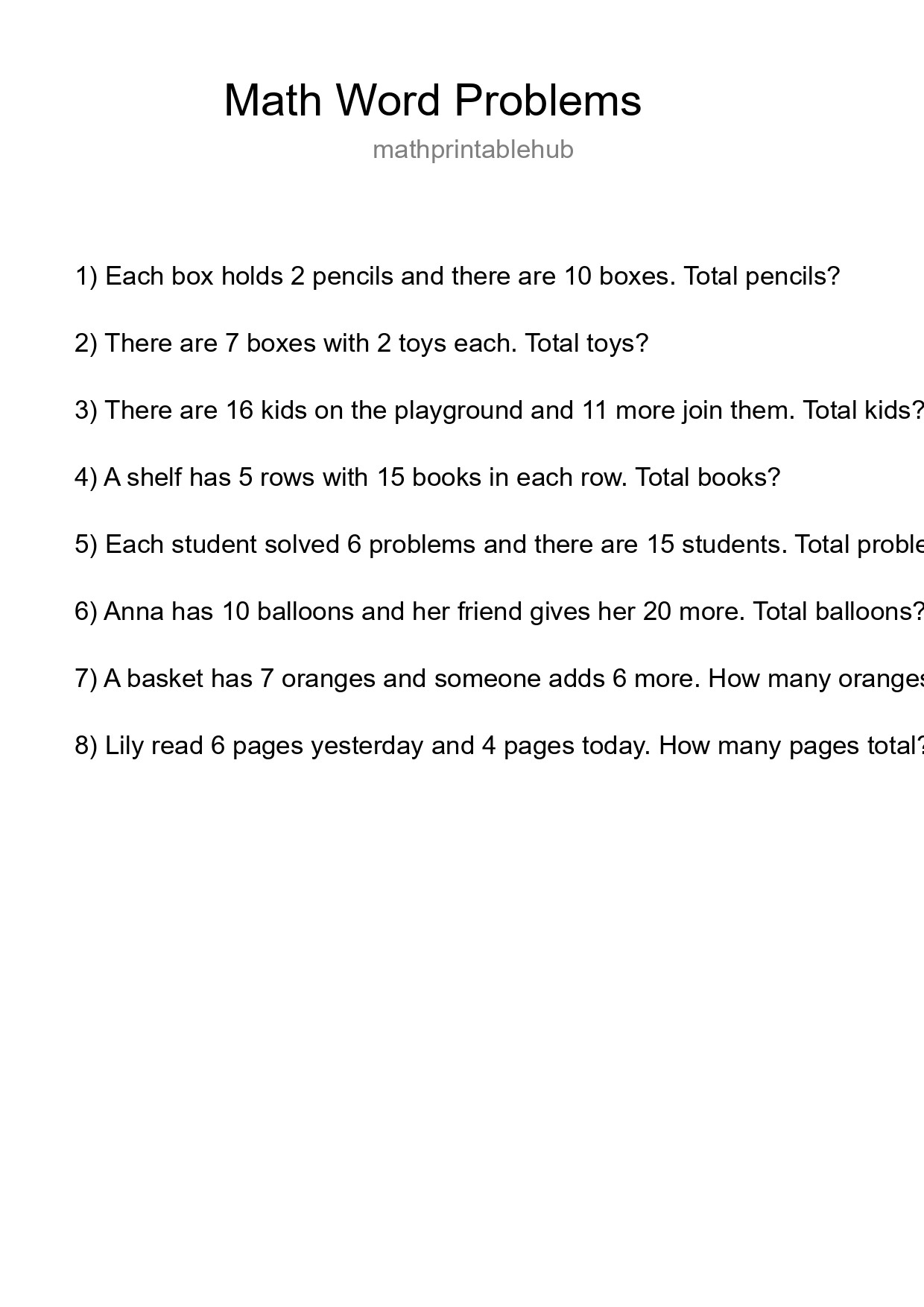 Printable Word Problem Worksheet for Grade 3