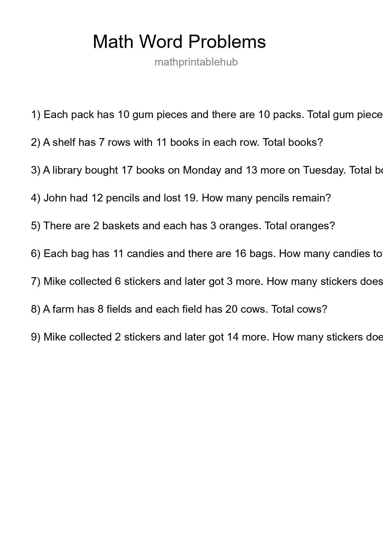 Printable Word Problem Worksheet for Grade 3