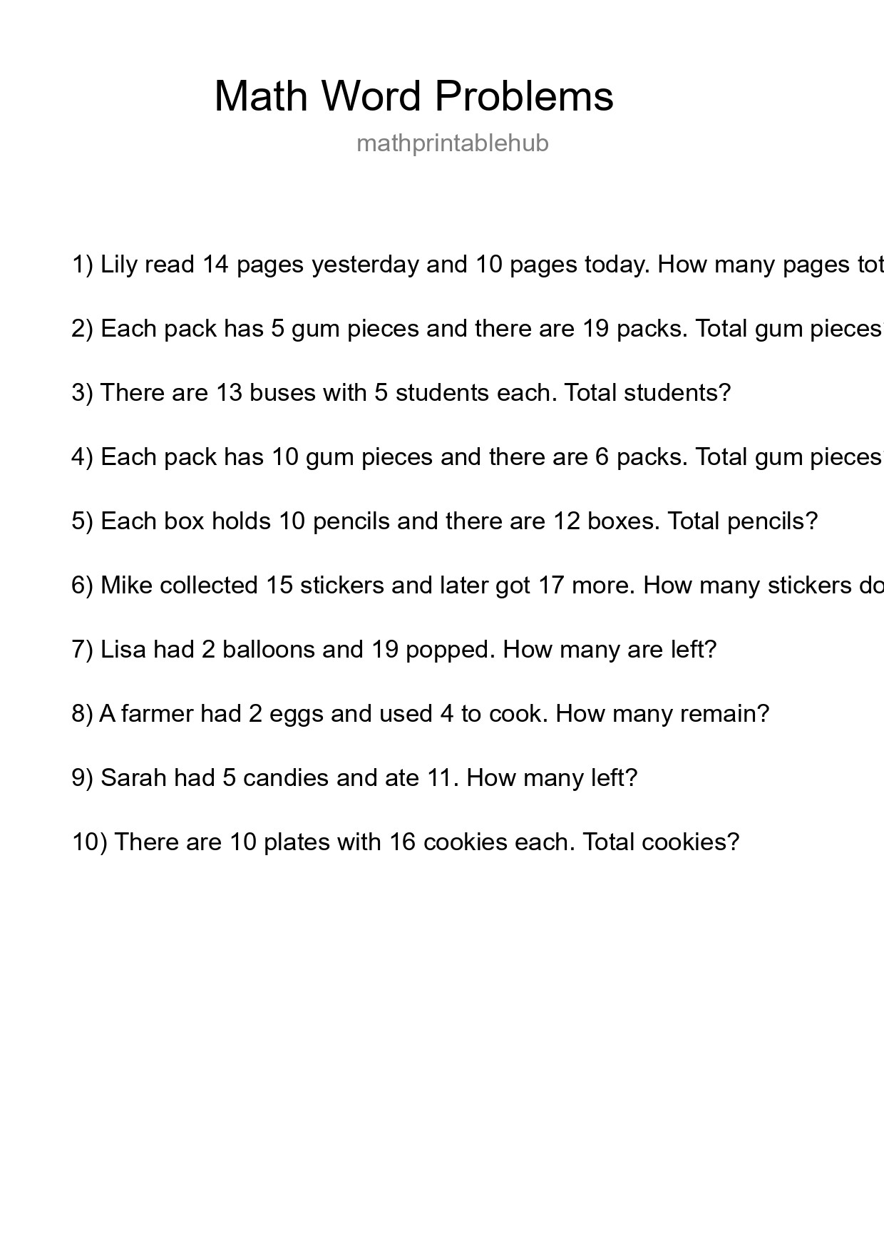 Math Word Problem Worksheet