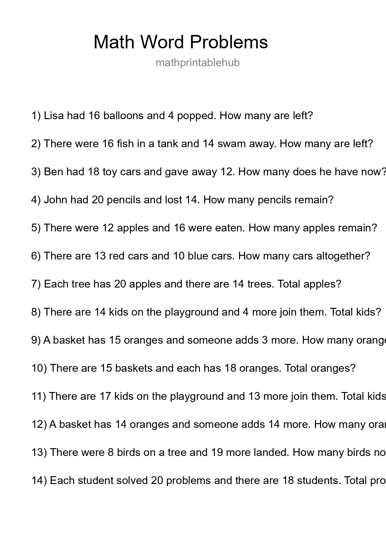 Math Word Problem Worksheet