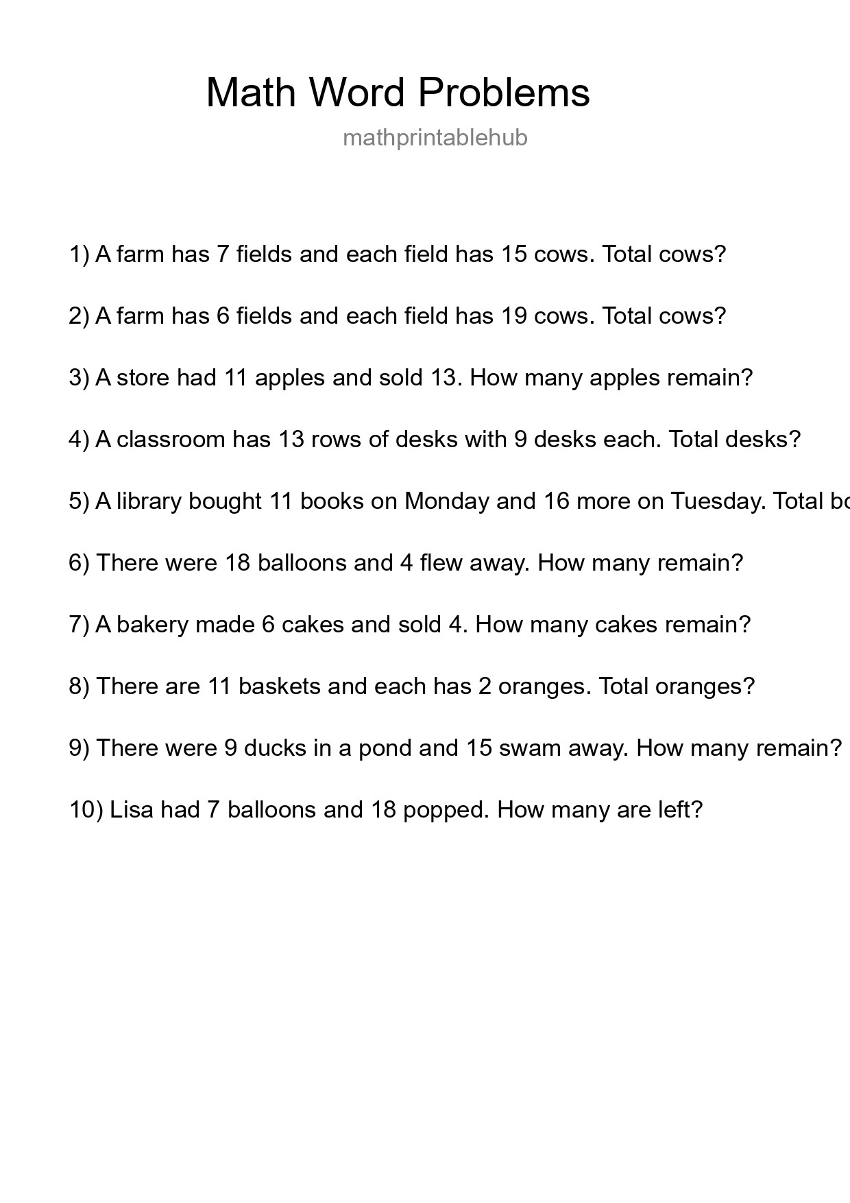 Printable Word Problem Worksheet for Grade 3