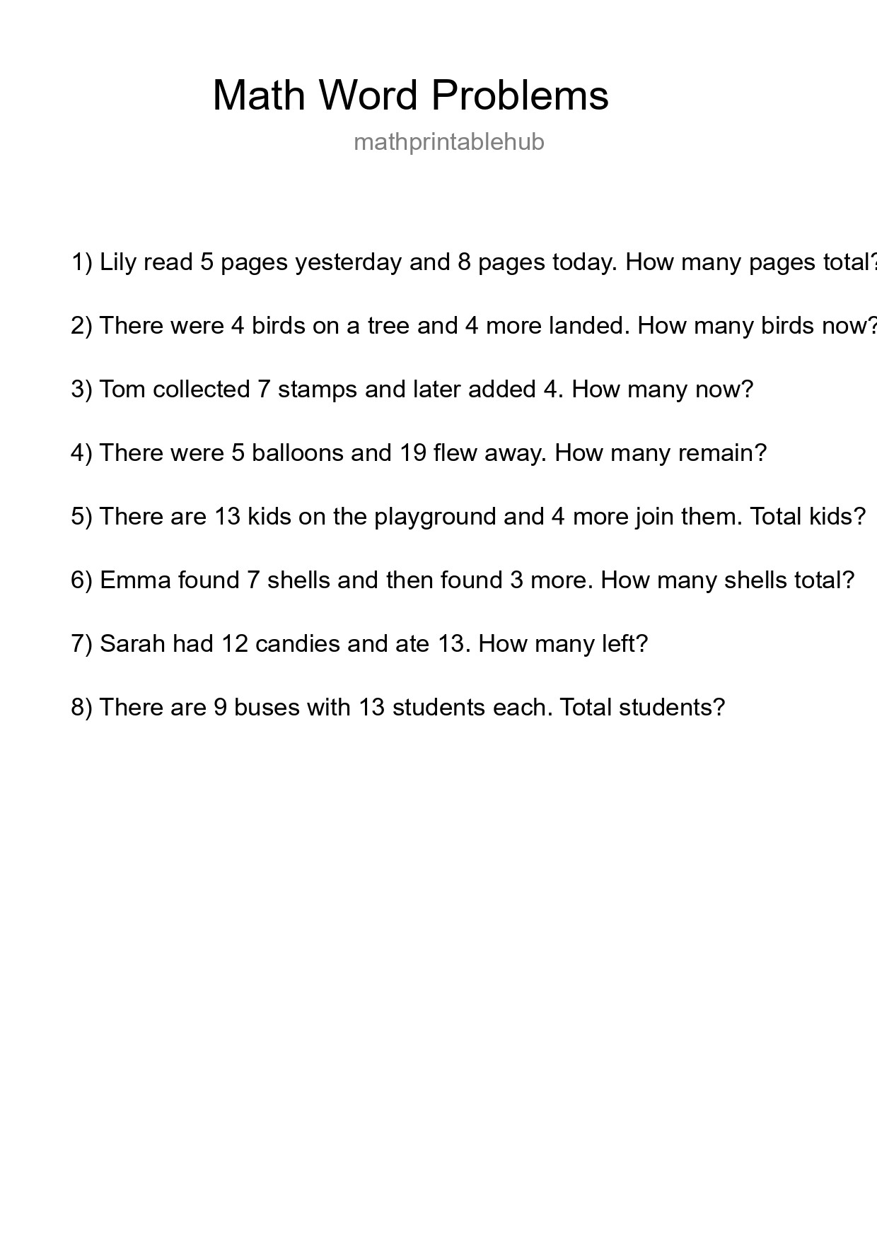 Printable Word Problem Worksheet for Grade 3