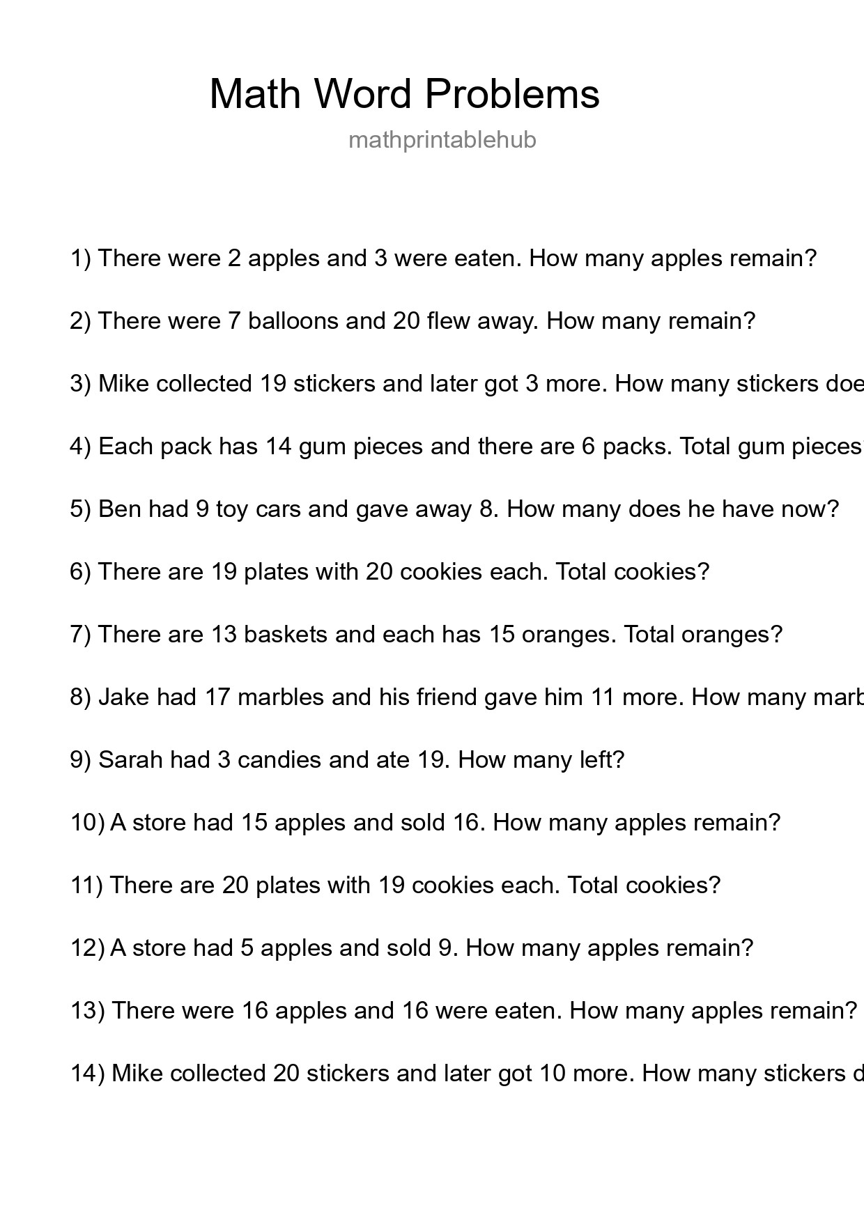 Math Word Problem Worksheet