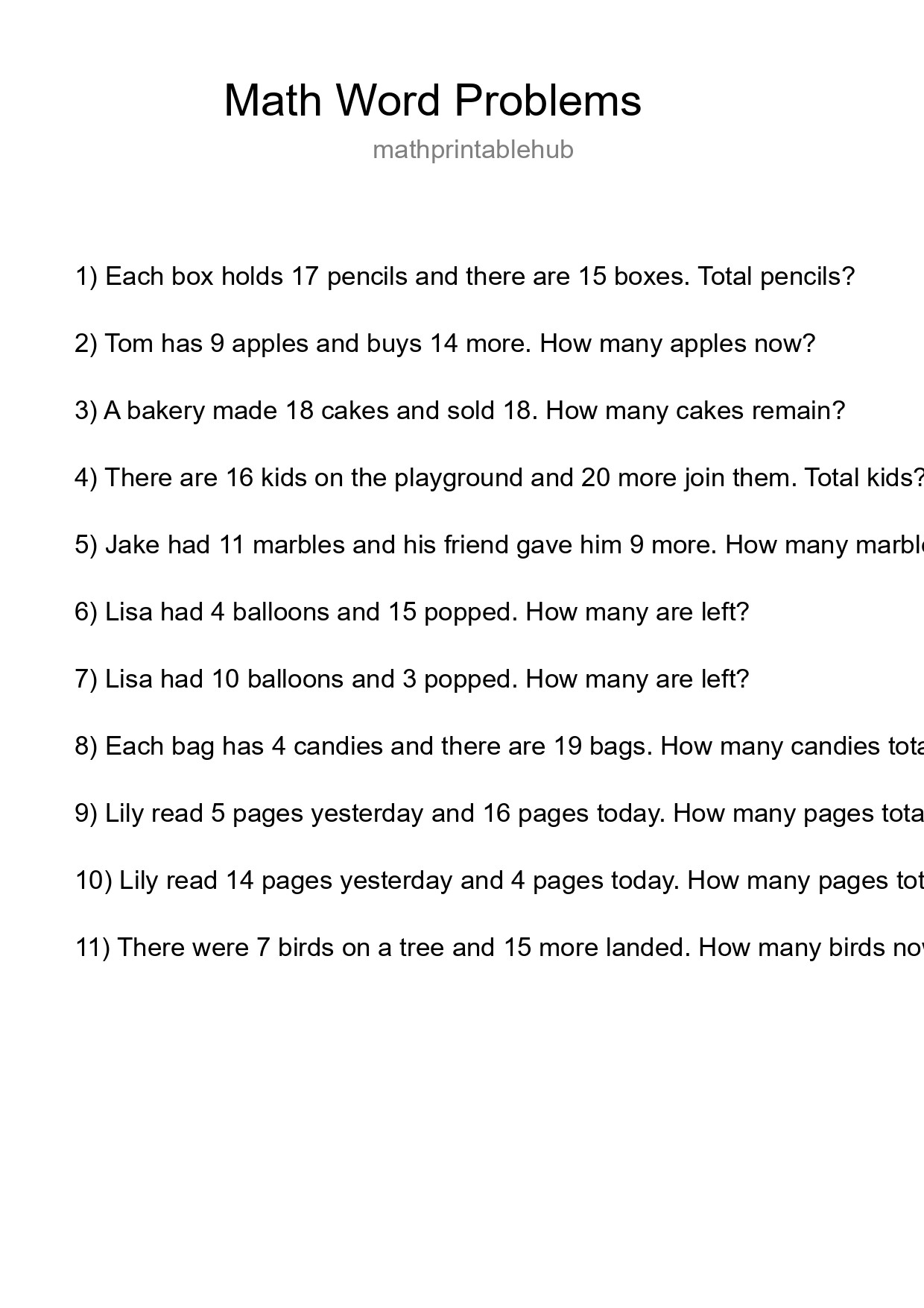 Printable Word Problem Worksheet for Grade 3