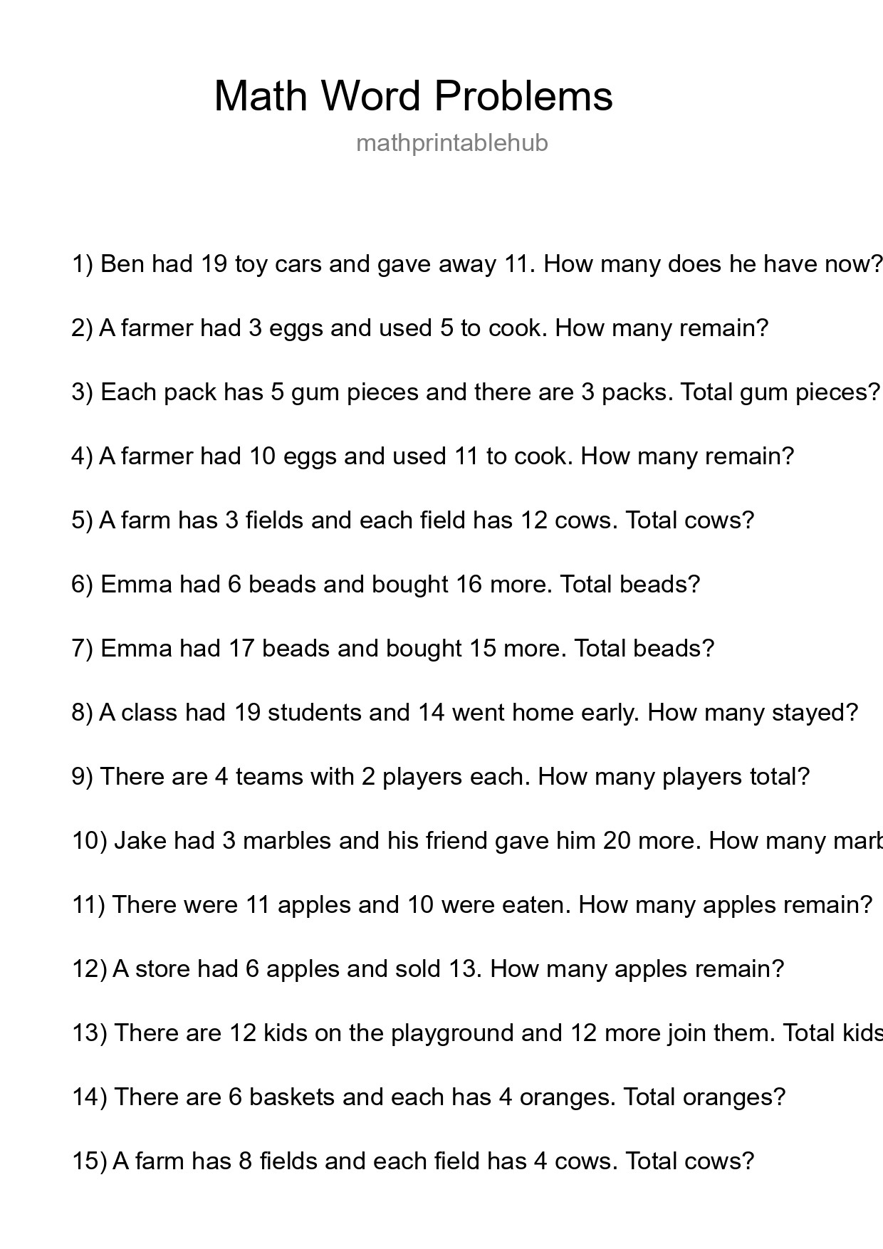 Printable Word Problem Worksheet for Grade 3