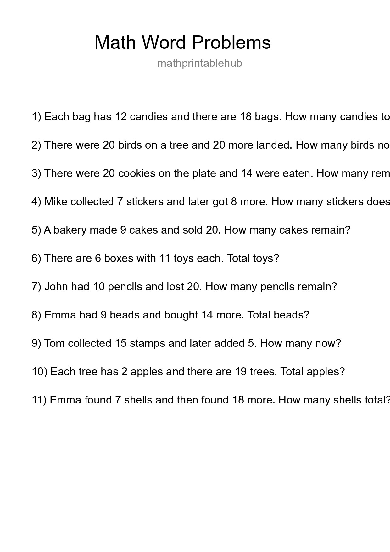 Printable Word Problem Worksheet for Grade 3