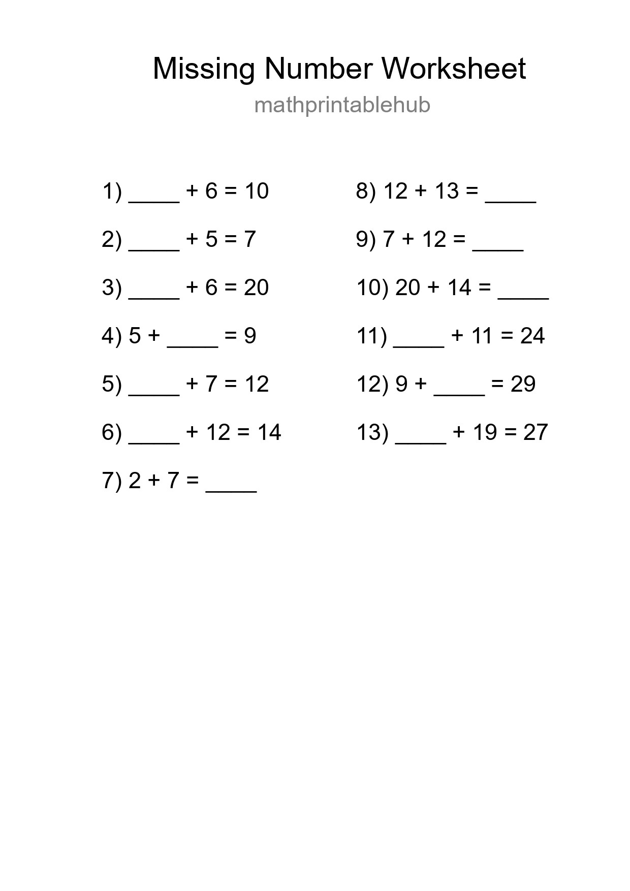 Printable Missing Number Worksheet for Grade 1