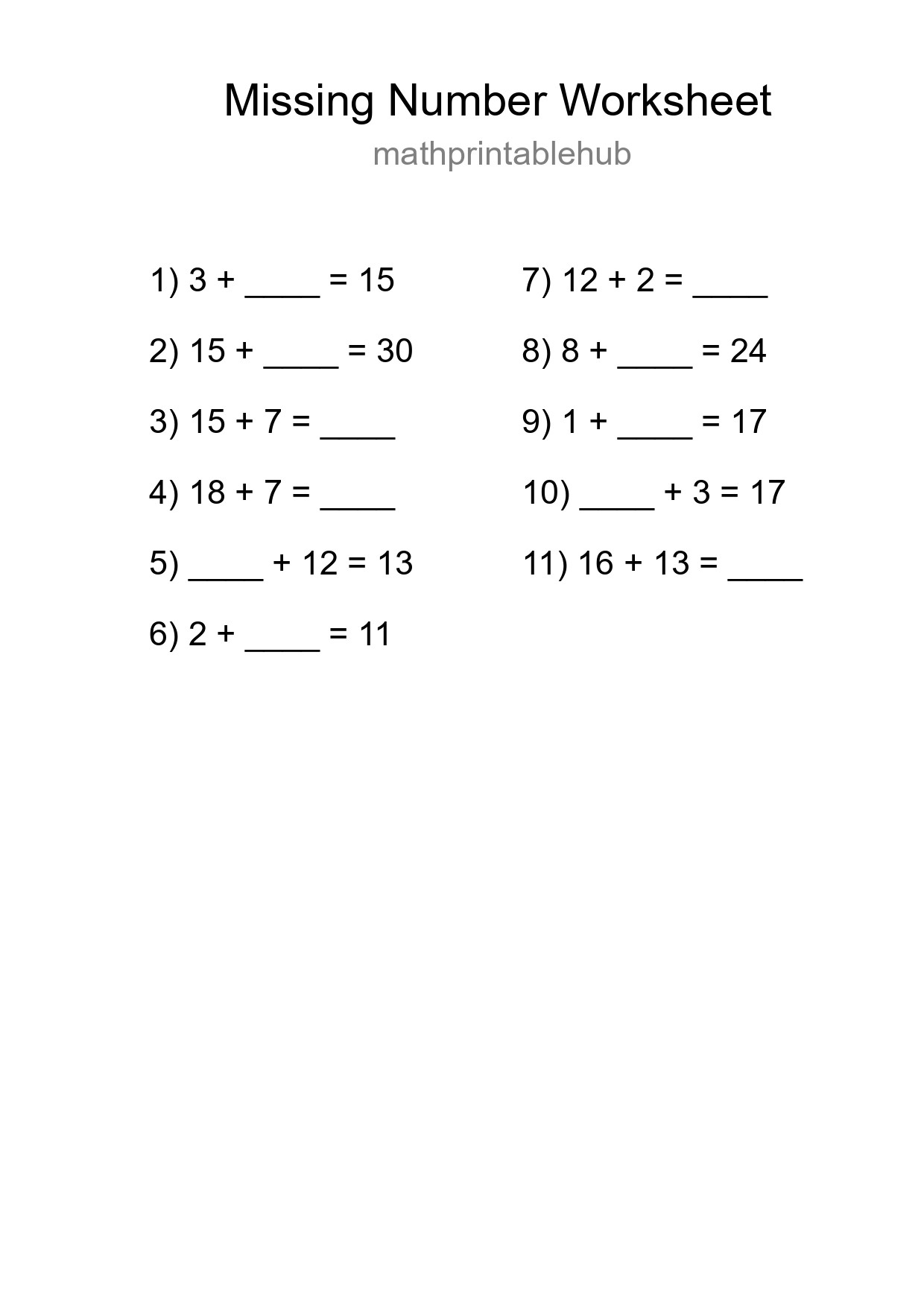 Printable Missing Number Worksheet for Grade 1