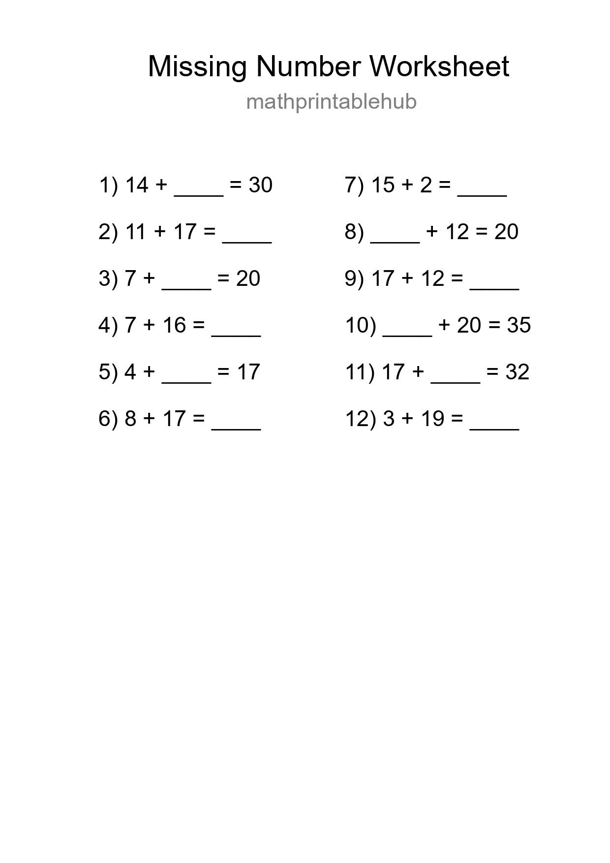 Missing Number Math Worksheet