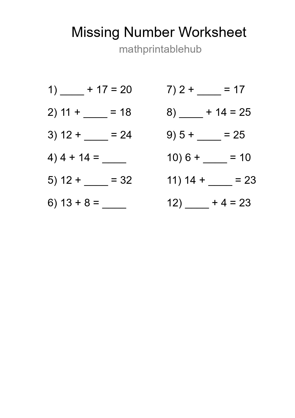 Missing Number Math Worksheet