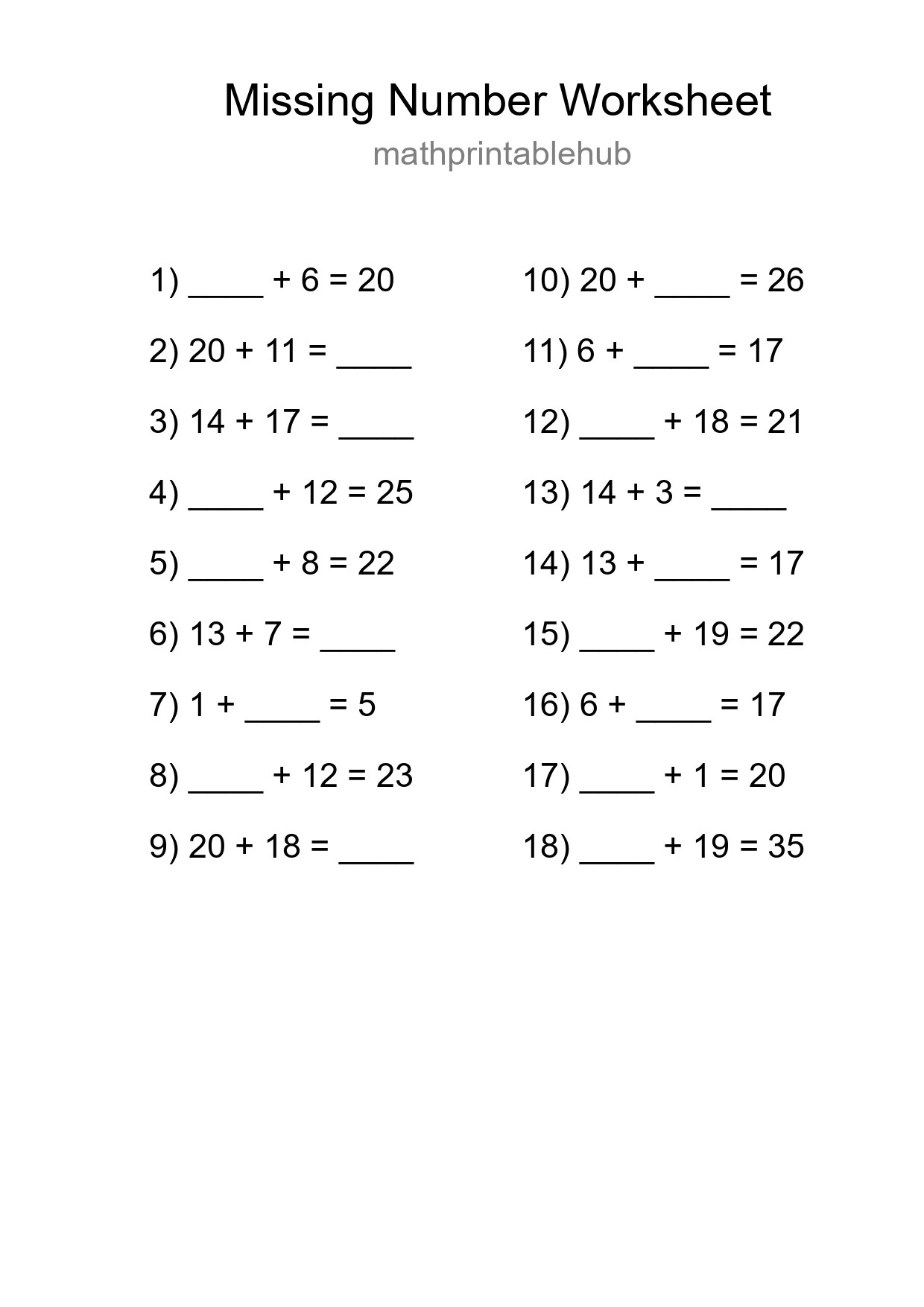 Printable Missing Number Worksheet for Grade 1