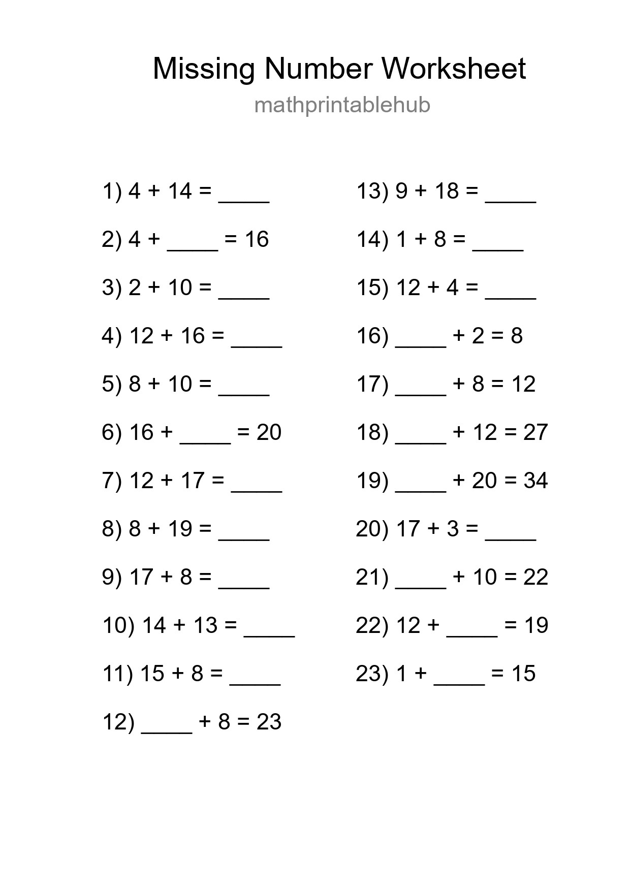 Printable Missing Number Worksheet for Grade 1