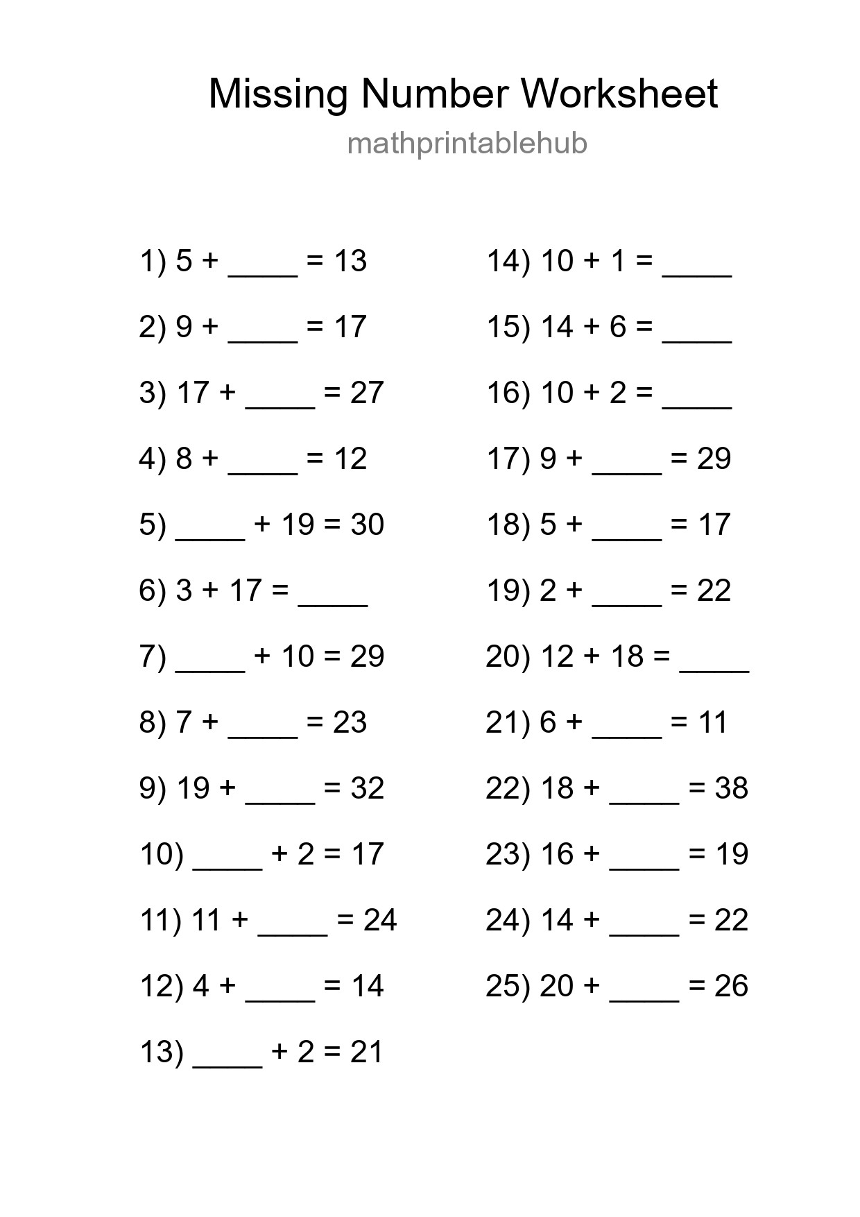 Printable Missing Number Worksheet for Grade 1