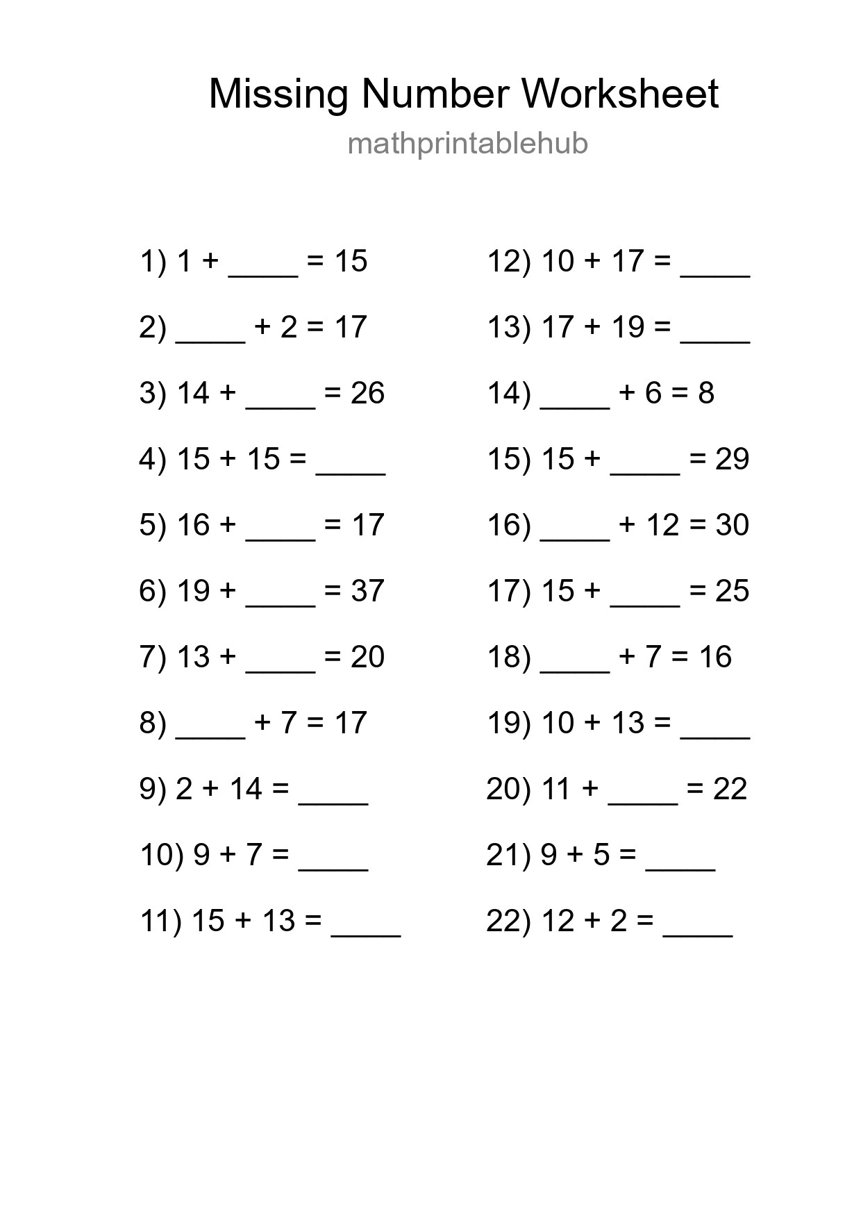 Printable Missing Number Worksheet for Grade 1
