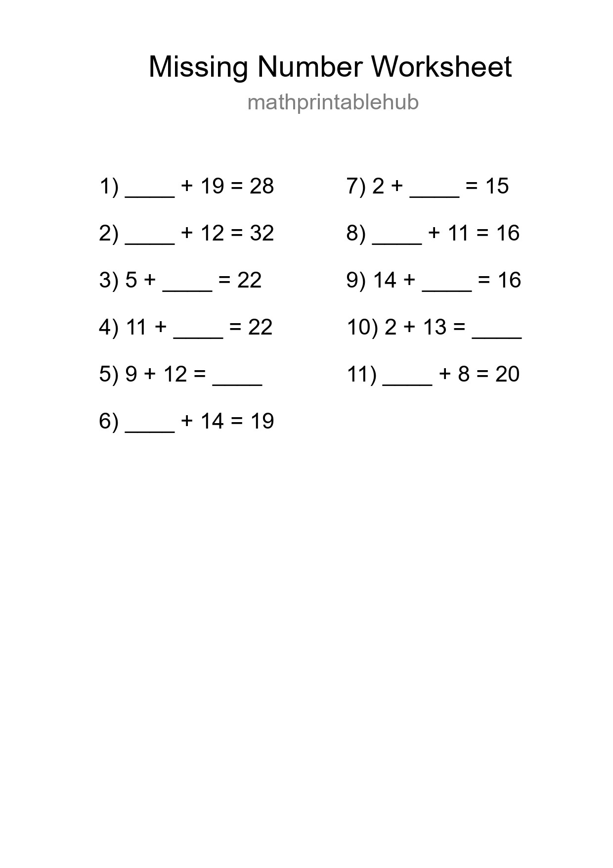Printable Missing Number Worksheet for Grade 1