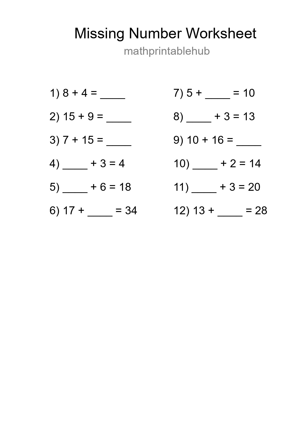 Missing Number Math Worksheet