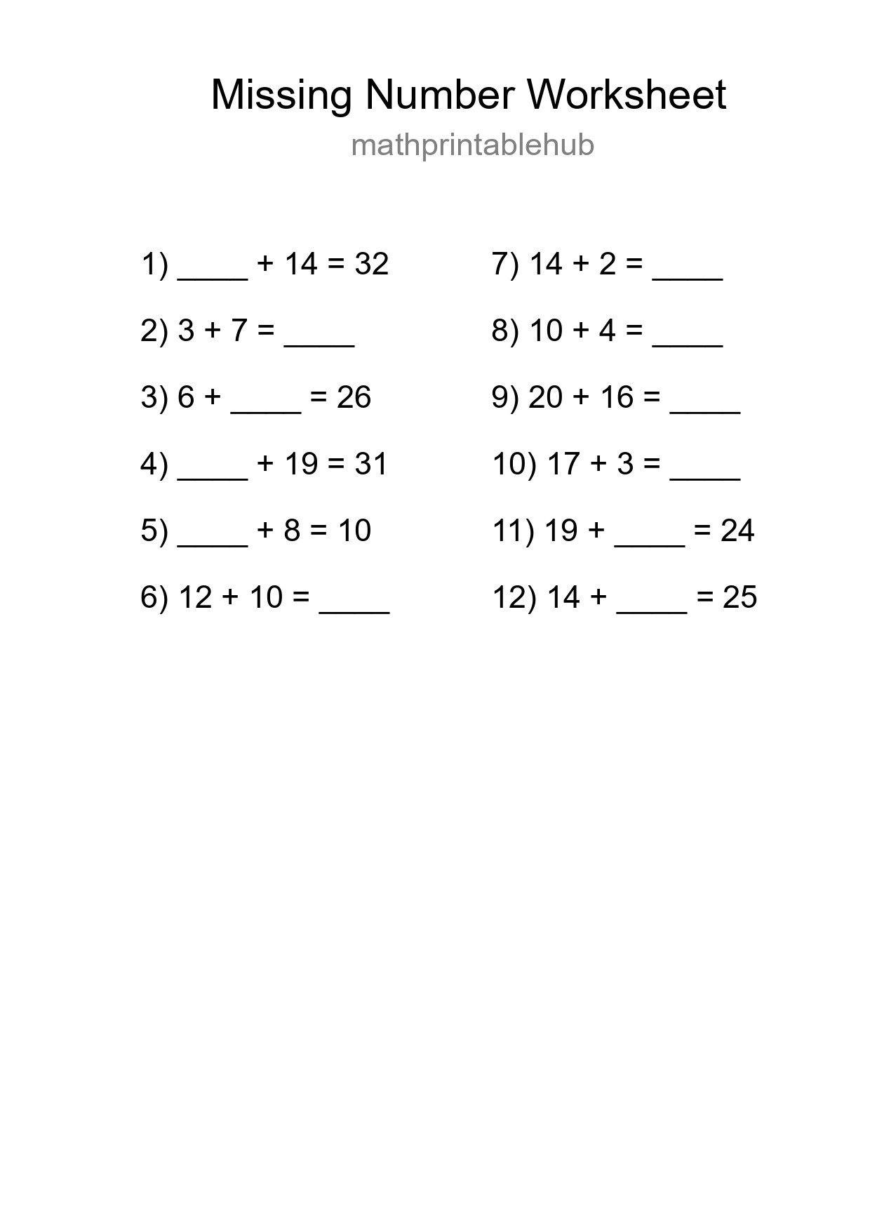Printable Missing Number Worksheet for Grade 1