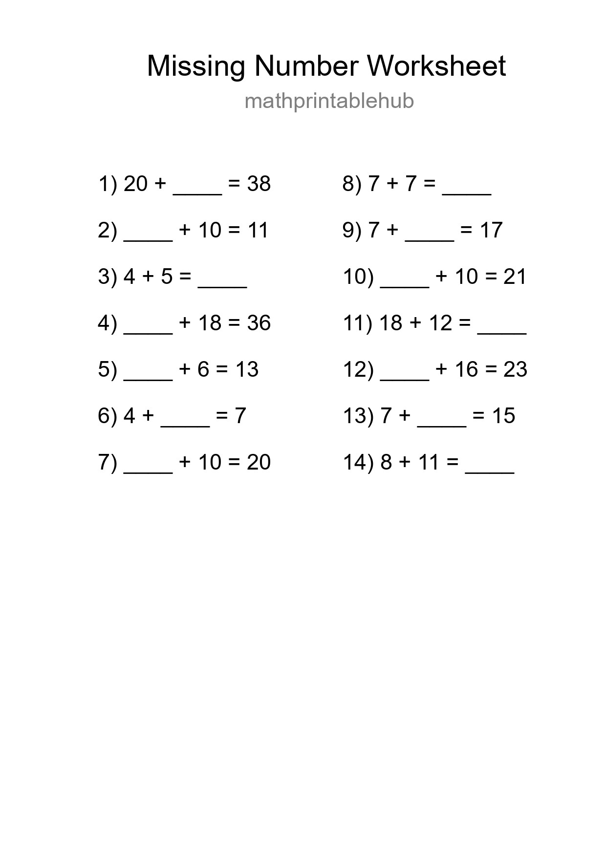 Printable Missing Number Worksheet for Grade 1
