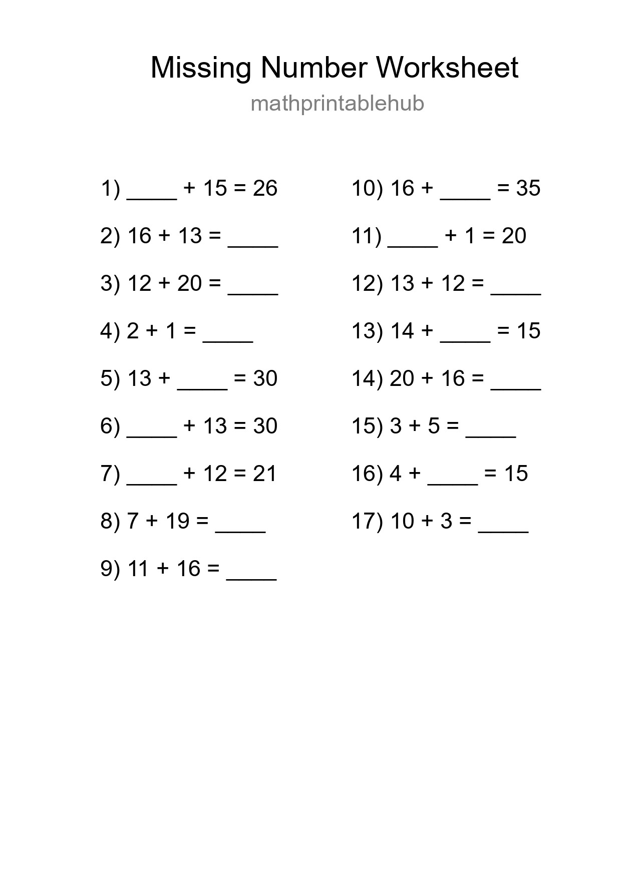 Printable Missing Number Worksheet for Grade 1