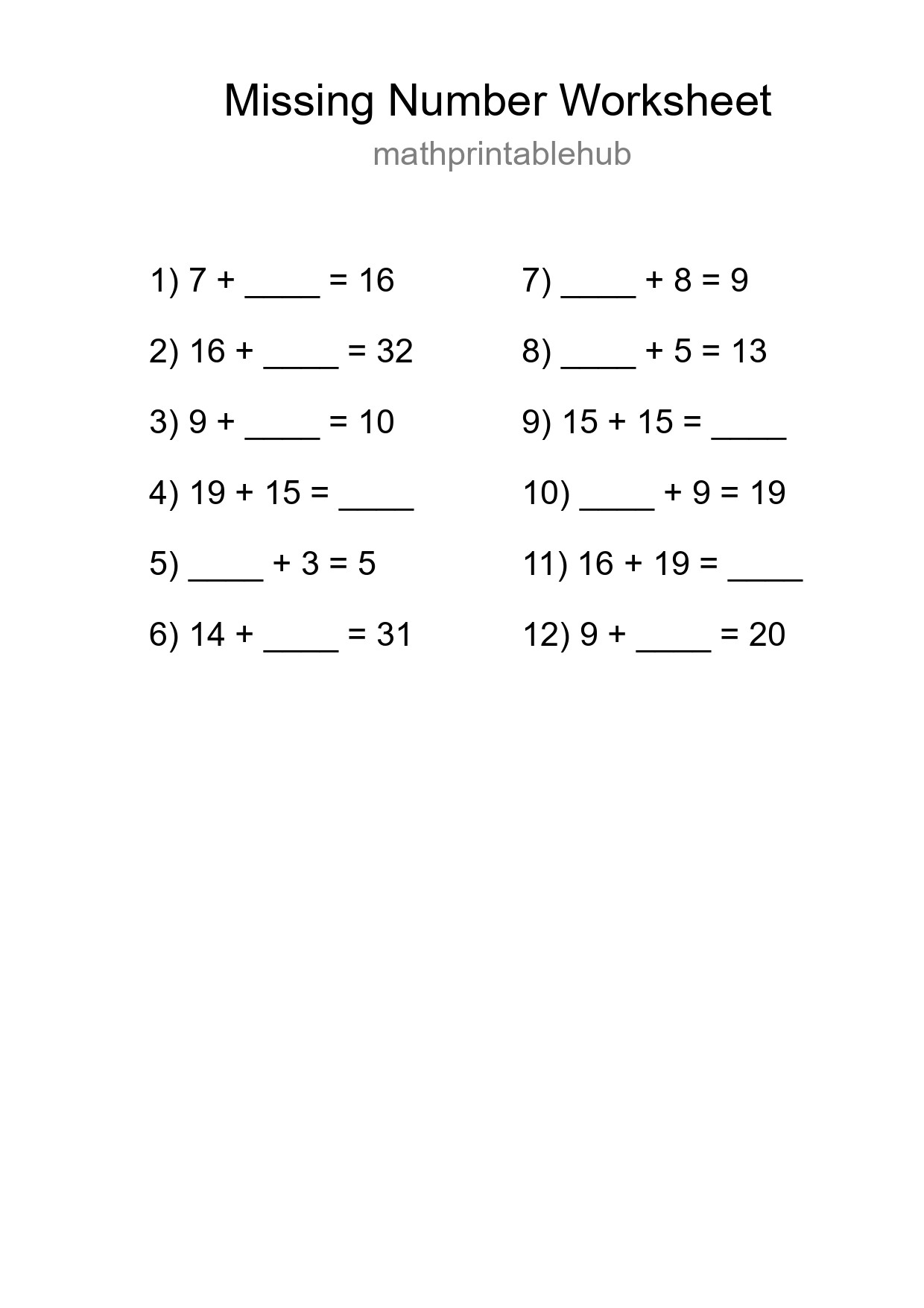 Printable Missing Number Worksheet for Grade 1