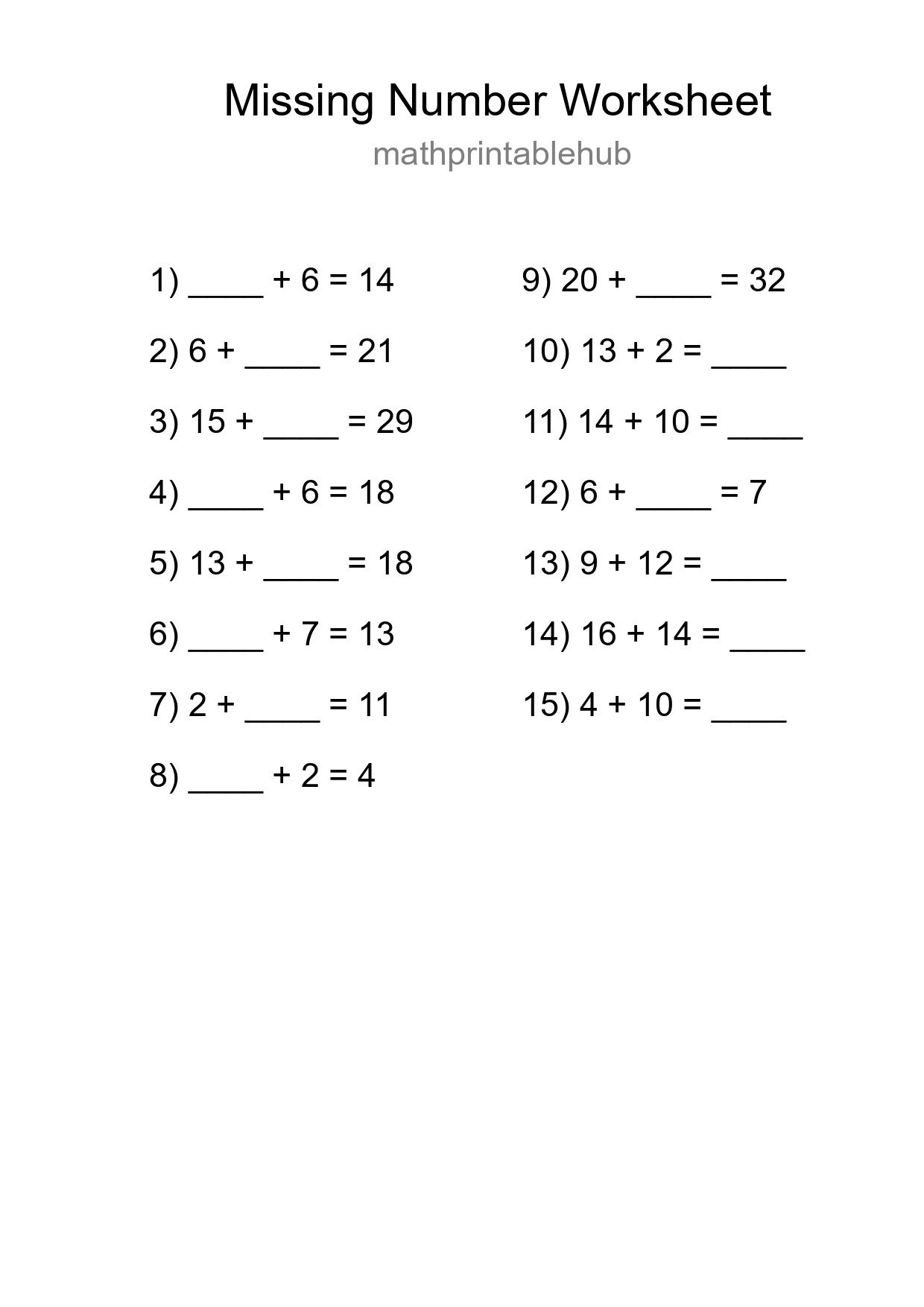 Printable Missing Number Worksheet for Grade 1