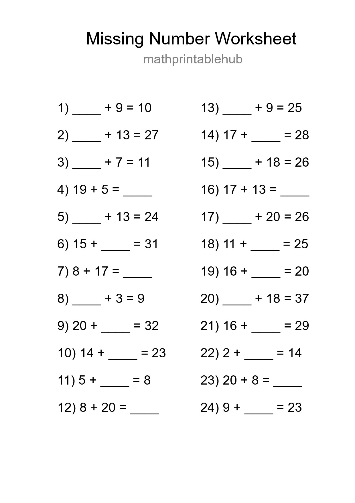 Missing Number Math Worksheet