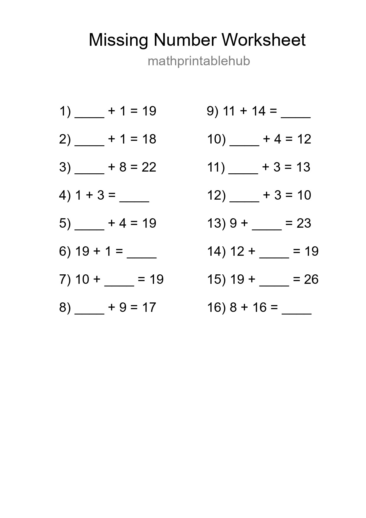 Printable Missing Number Worksheet for Grade 1