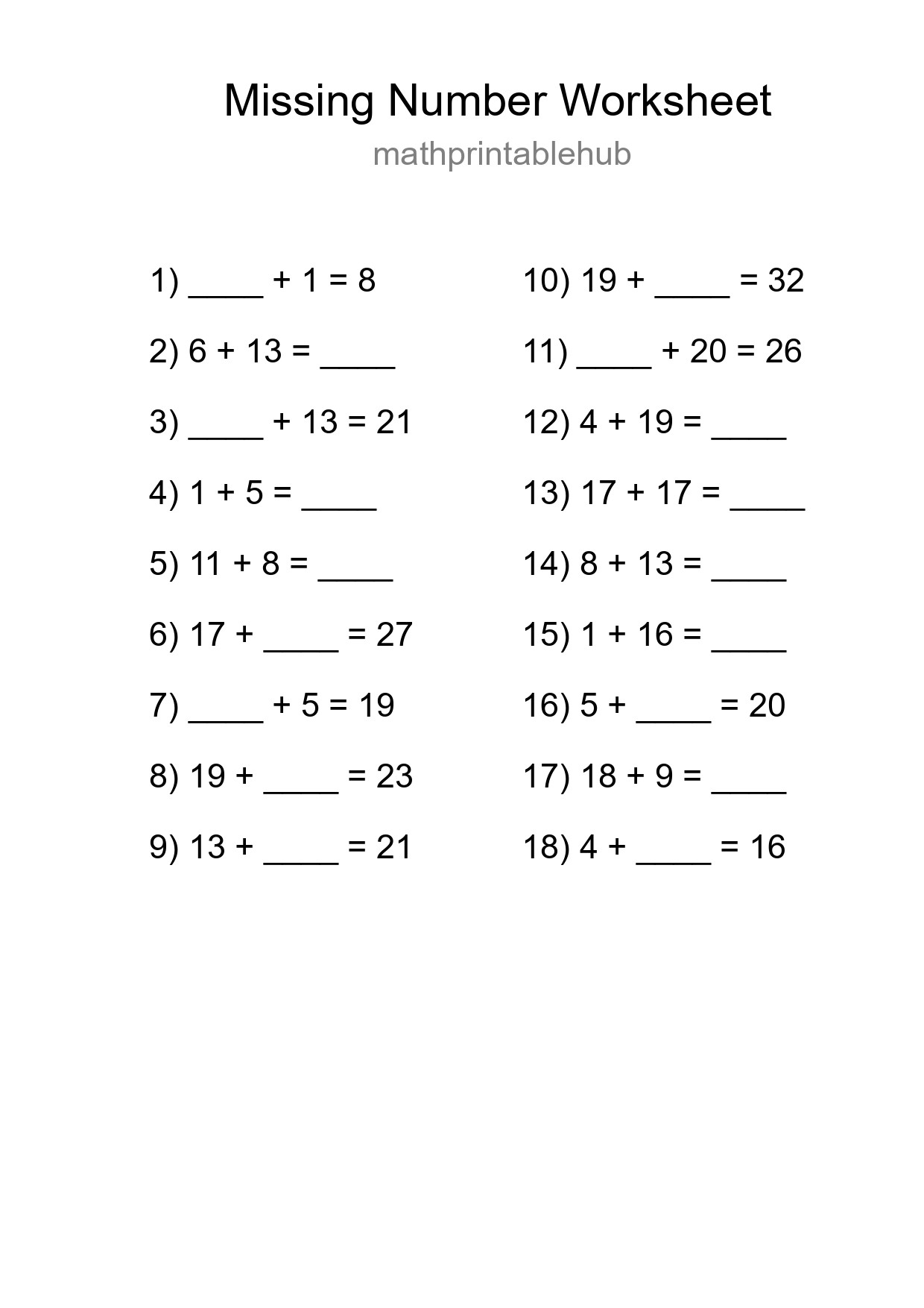 Printable Missing Number Worksheet for Grade 1
