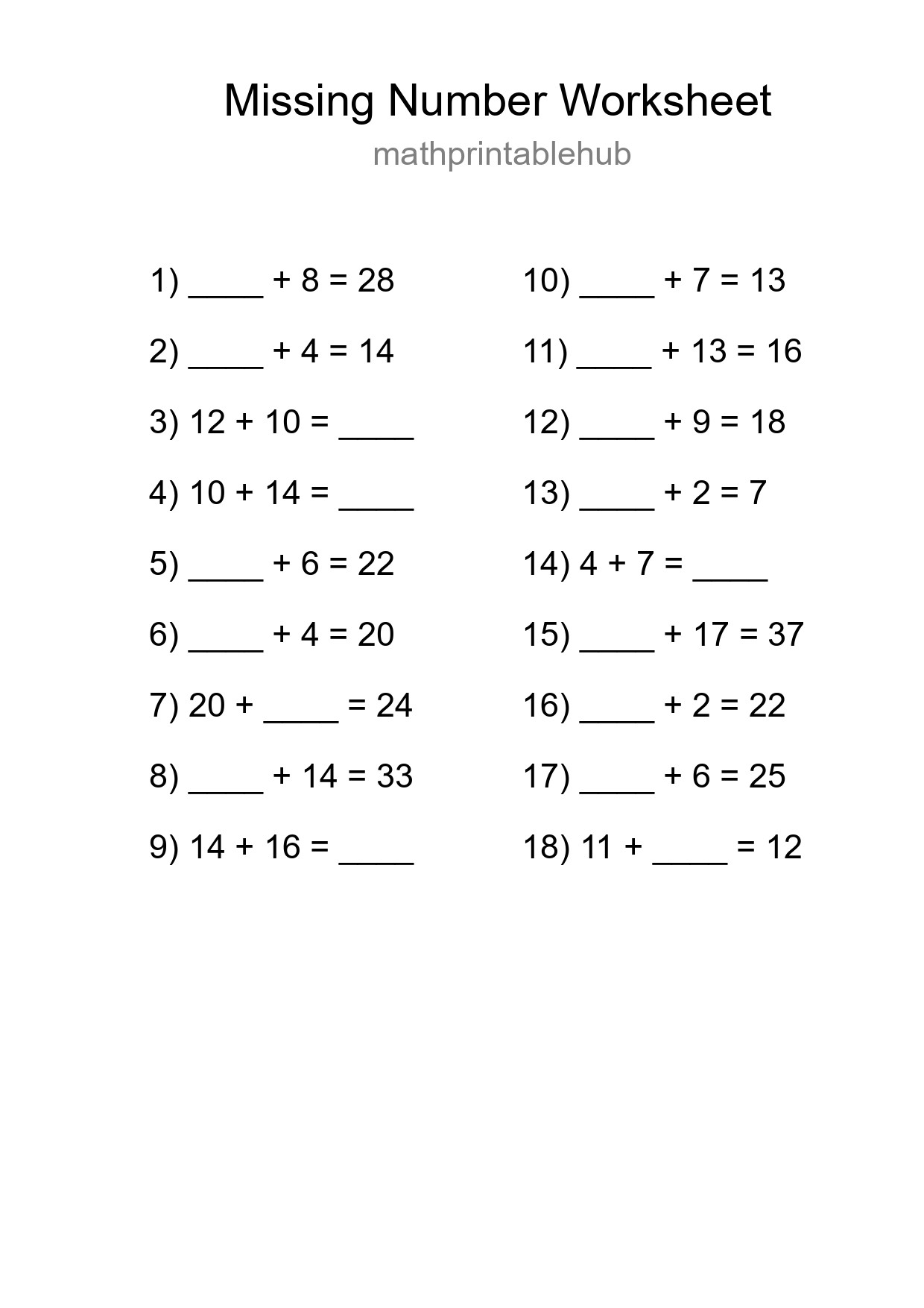 Printable Missing Number Worksheet for Grade 1
