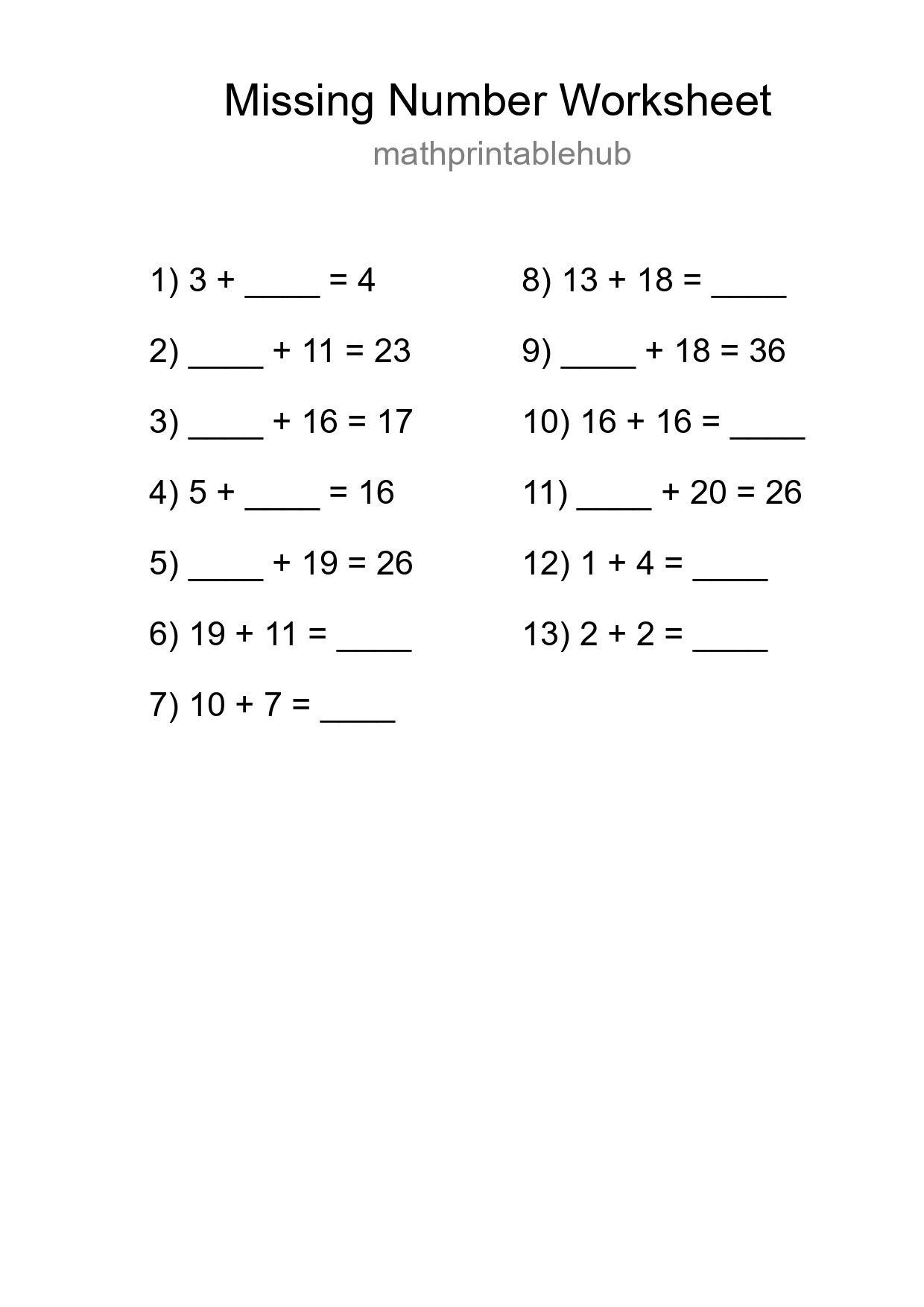 Printable Missing Number Worksheet for Grade 1